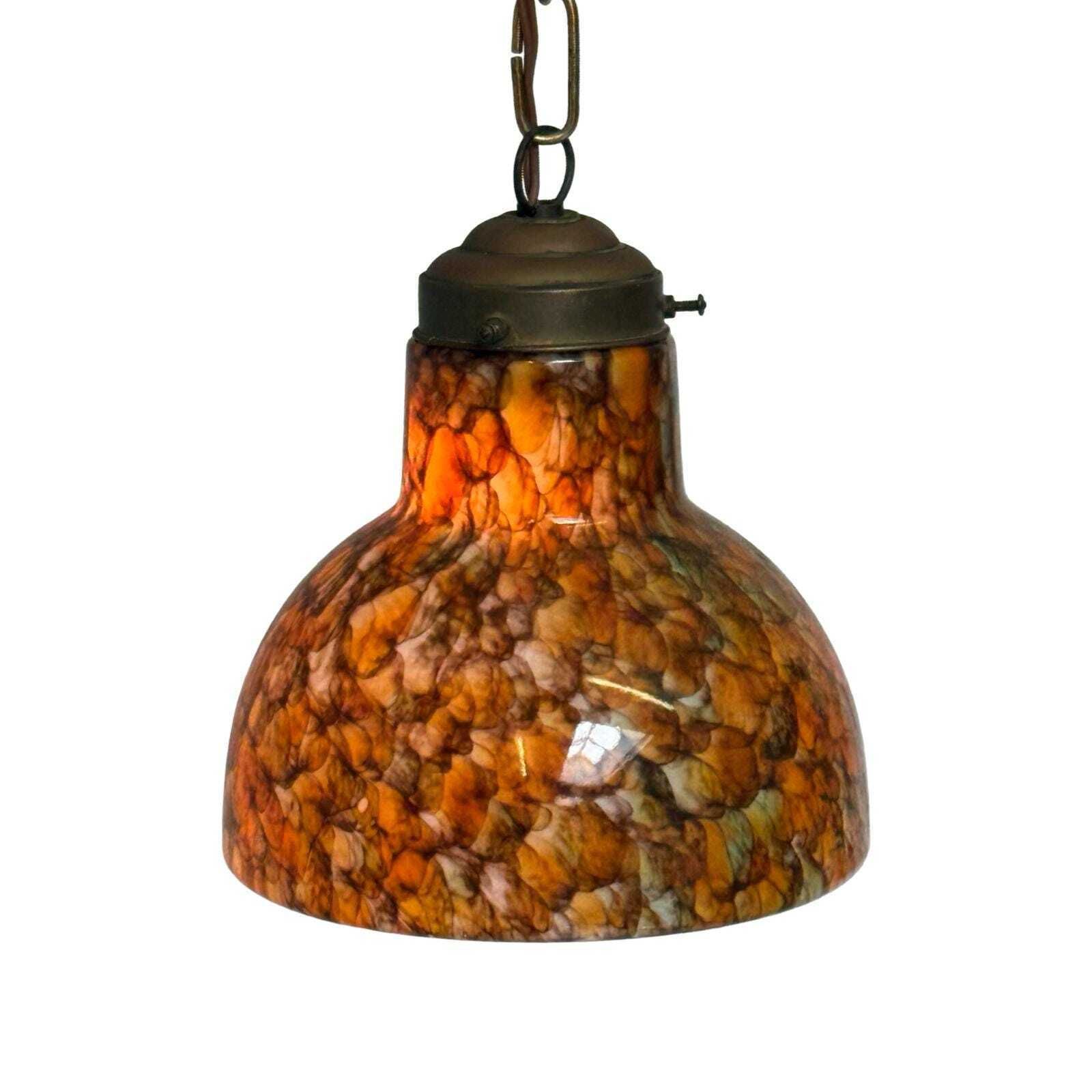 Art Deco   Hanging Pedant Light   Ceiling Fixture   Oval Shaped   Suspended By Chain, Matching Ceiling Canopy   Brown And Orange photo for sale