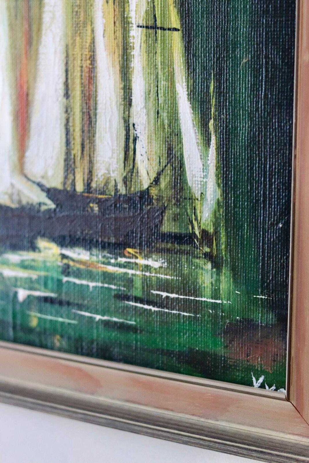 Mid 20th Century Original Oil On Canvas – Boats –  Vintage & Framed, 49 X 49 Cm / 19.3 X 19.3 In photo Art