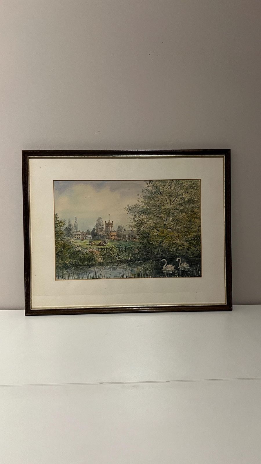 Elegant Mid Century Signed Watercolour Of An English Village Landscape With Swans And Church Tower photo furniture