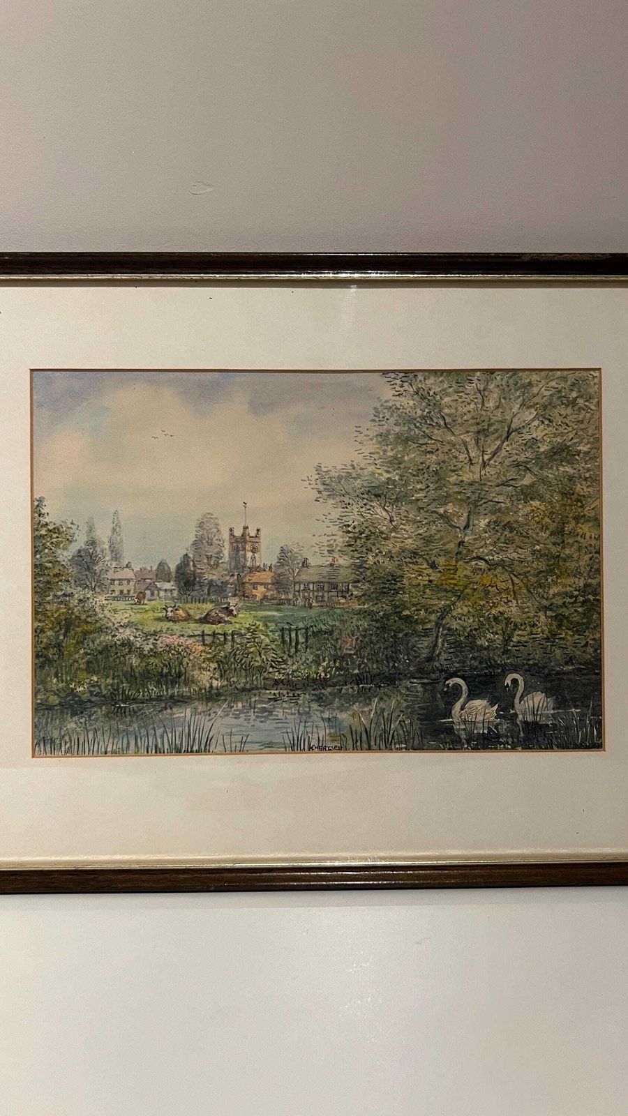 Elegant Mid Century Signed Watercolour Of An English Village Landscape With Swans And Church Tower photo for sale