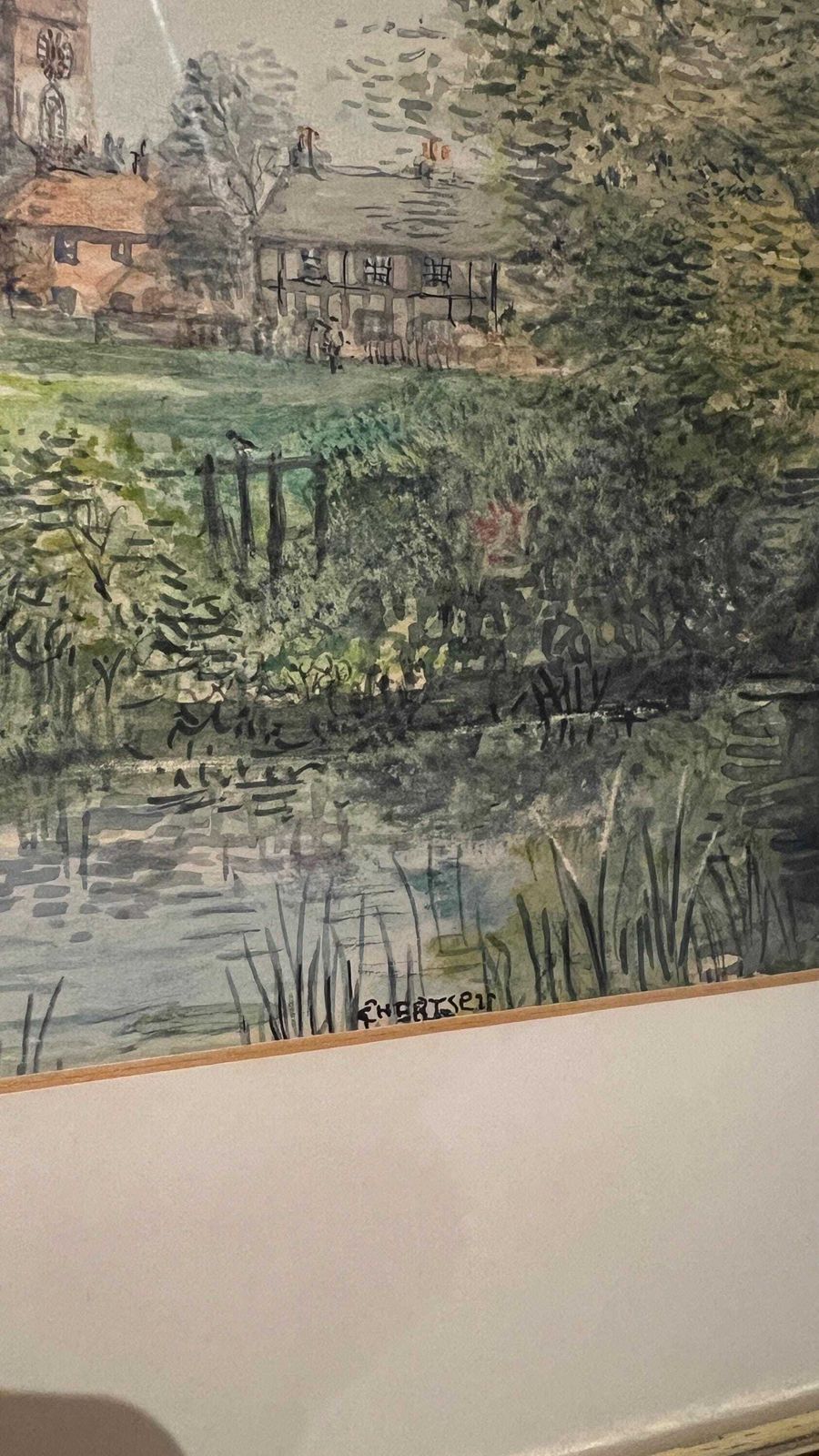 Elegant Mid Century Signed Watercolour Of An English Village Landscape With Swans And Church Tower photo Art