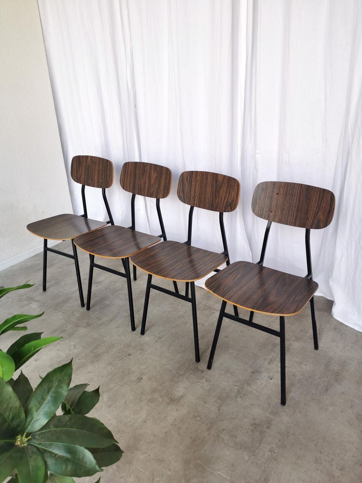 Set Of 4 Vintage School Chairs / Retro Dining Chairs By Stol Kamnik / 1970s Yugoslavia / Industrial Dark Brown Wood And Metal Base