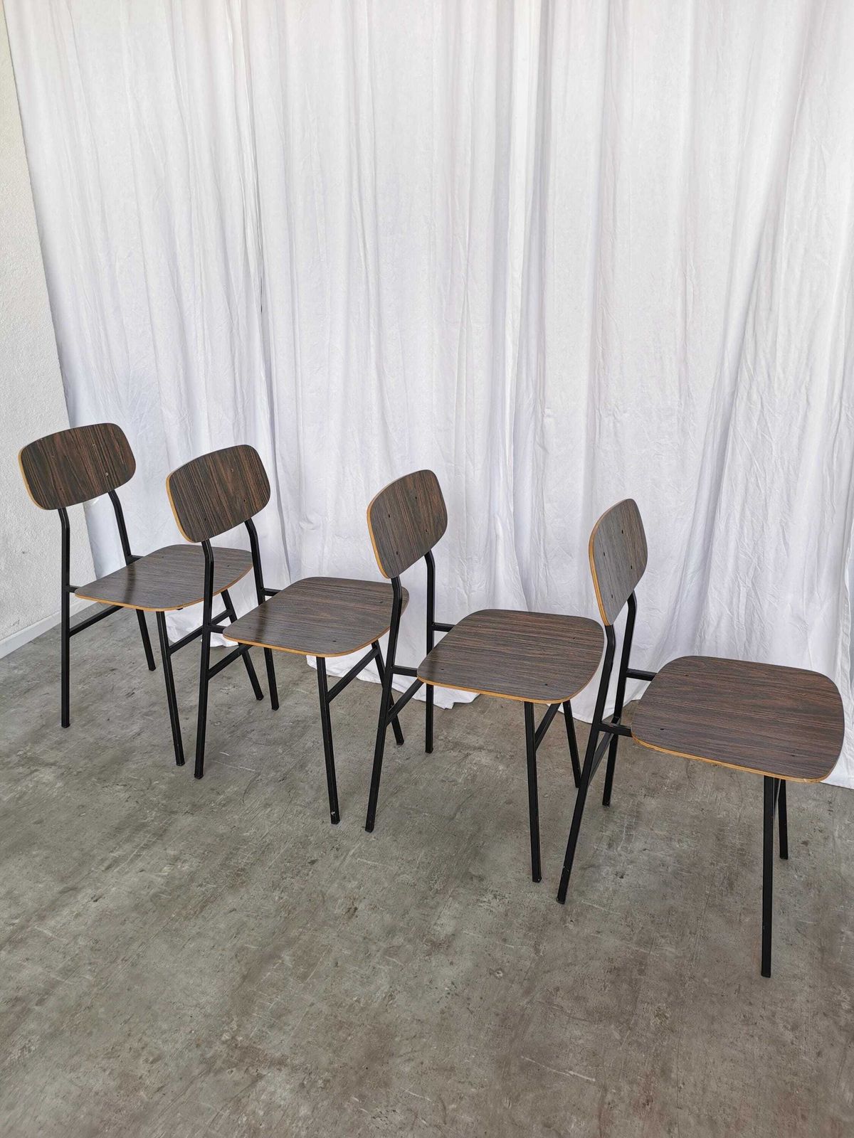 photo for sale Set Of 4 Vintage School Chairs / Retro Dining Chairs By Stol Kamnik / 1970s Yugoslavia / Industrial Dark Brown Wood And Metal Base