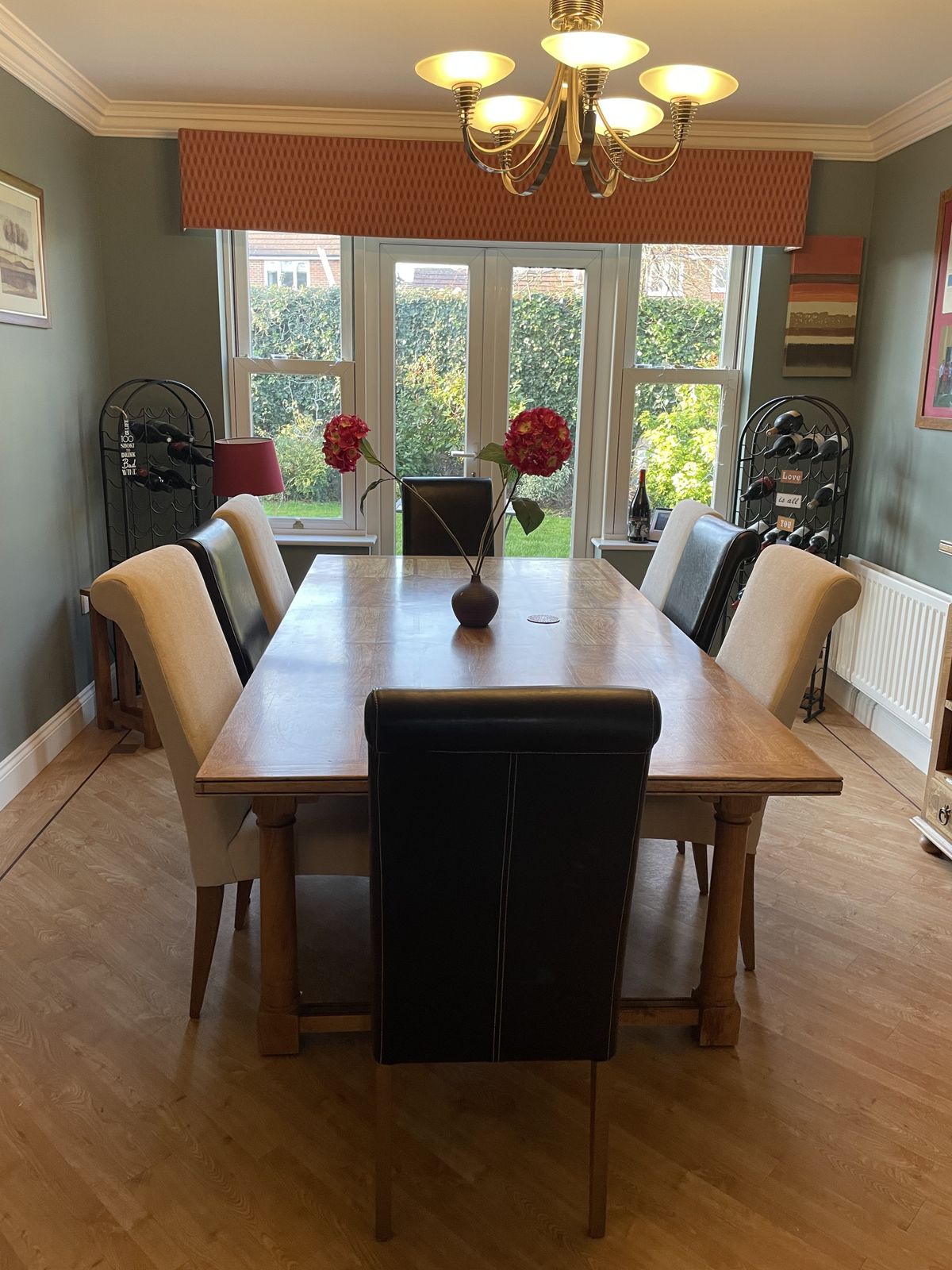 Barker And Stonehouse Solid Fruitwood Dining Table With Inlay Wood Design And 8 Chairs  Four Leather Finish And 4 Cream Fabric