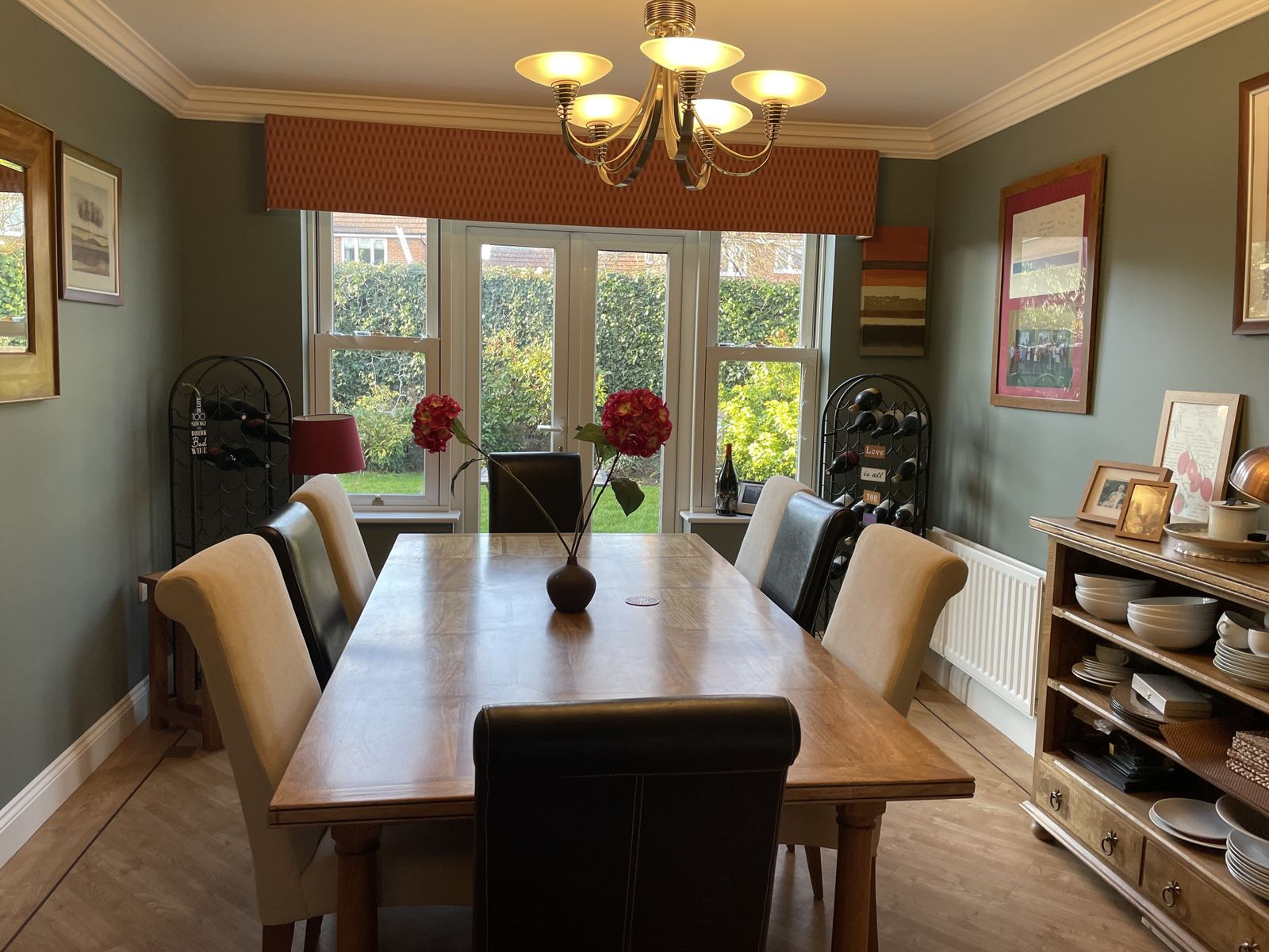 Barker And Stonehouse Solid Fruitwood Dining Table With Inlay Wood Design And 8 Chairs  Four Leather Finish And 4 Cream Fabric photo for sale