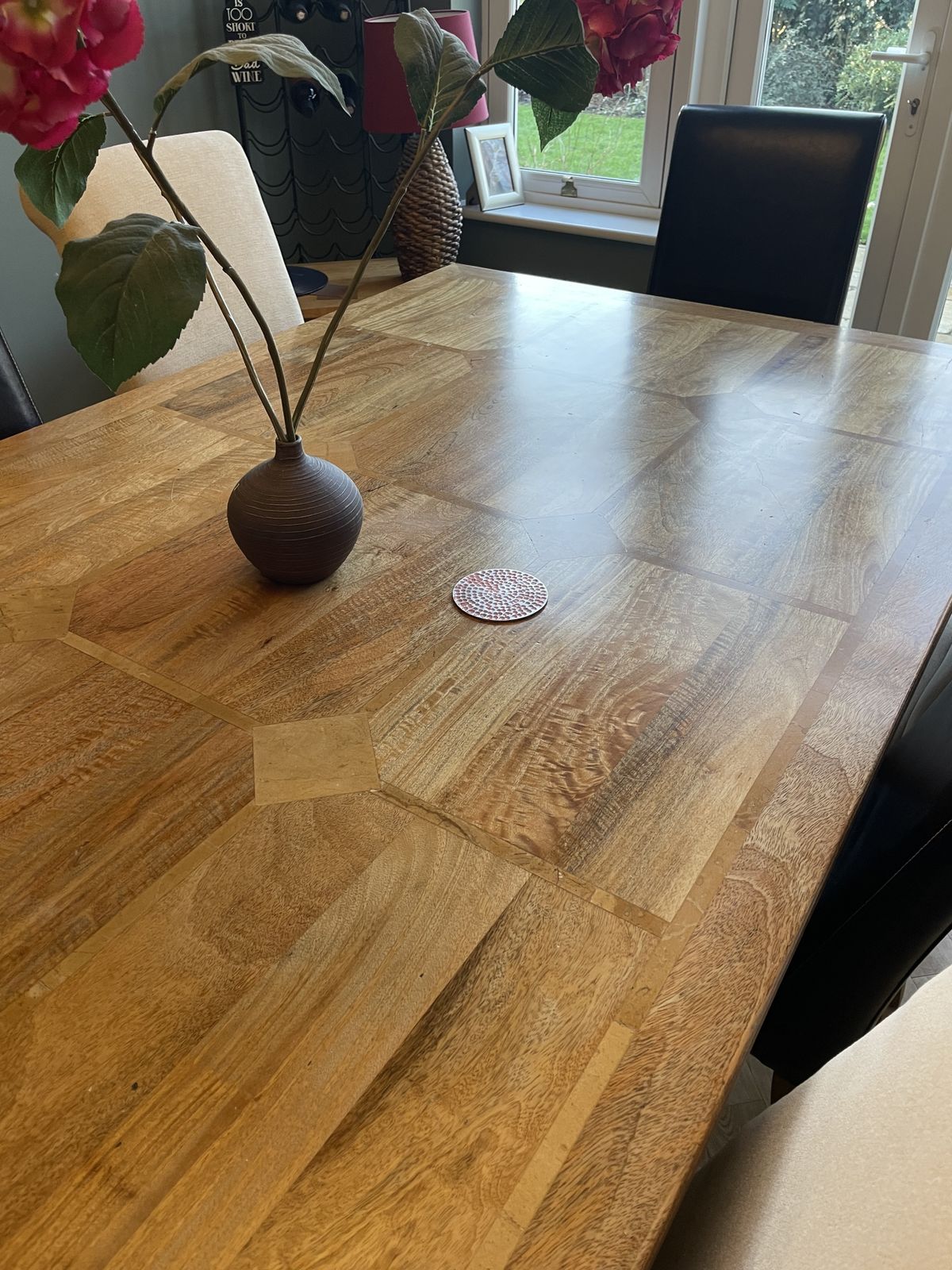 Barker And Stonehouse Solid Fruitwood Dining Table With Inlay Wood Design And 8 Chairs  Four Leather Finish And 4 Cream Fabric photo vinterior