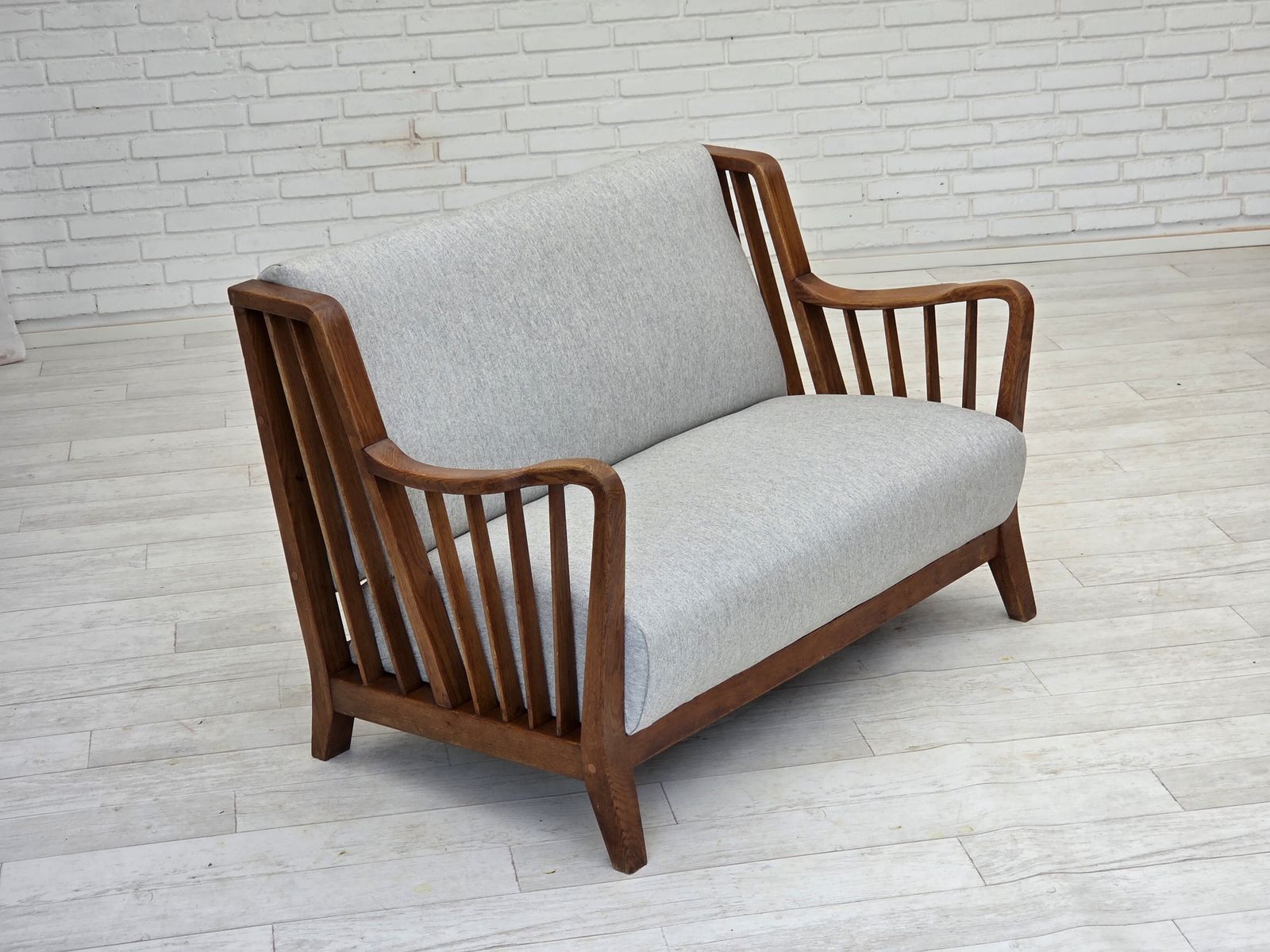 1950s, Scandinavian 2 Seater Sofa, Reupholstered, Furniture Wool, Oak. photo 2100.0