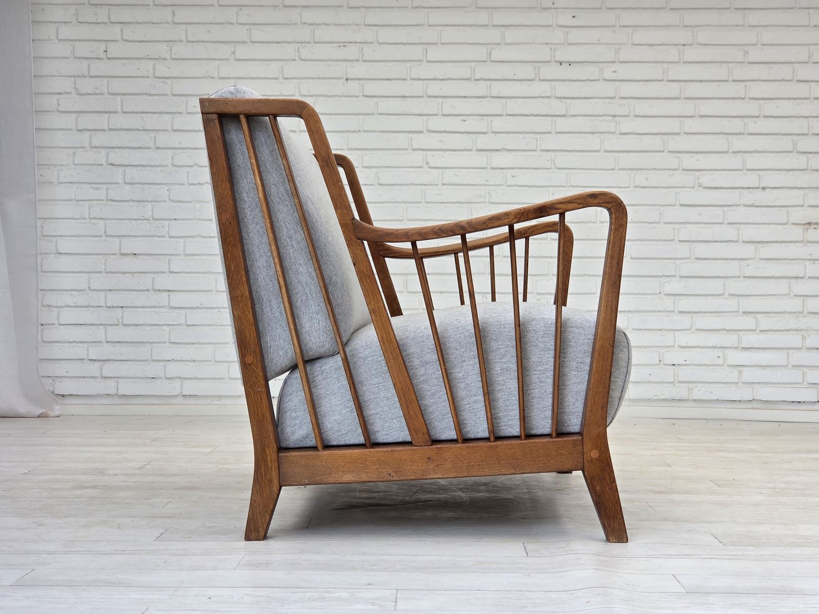 1950s, Scandinavian 2 Seater Sofa, Reupholstered, Furniture Wool, Oak. photo buy