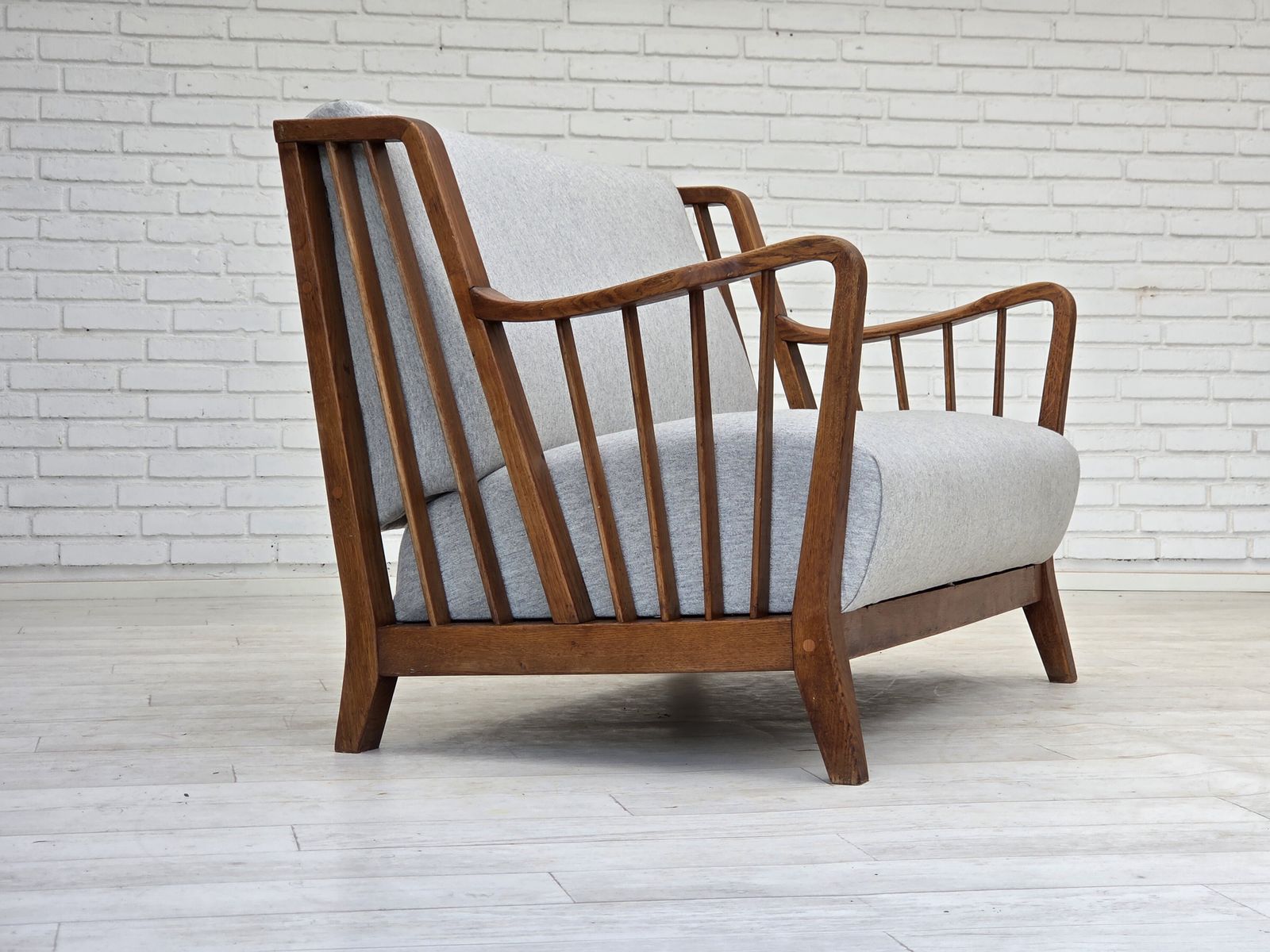 Furniture 1950s, Scandinavian 2 Seater Sofa, Reupholstered, Furniture Wool, Oak. photo