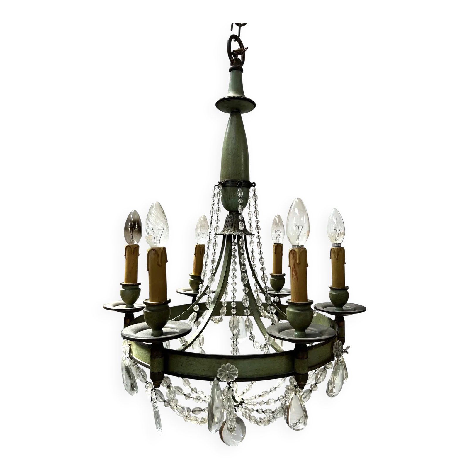 Empire Style Chandelier With Tassels And Patinated Sheet Metal, 20th Century