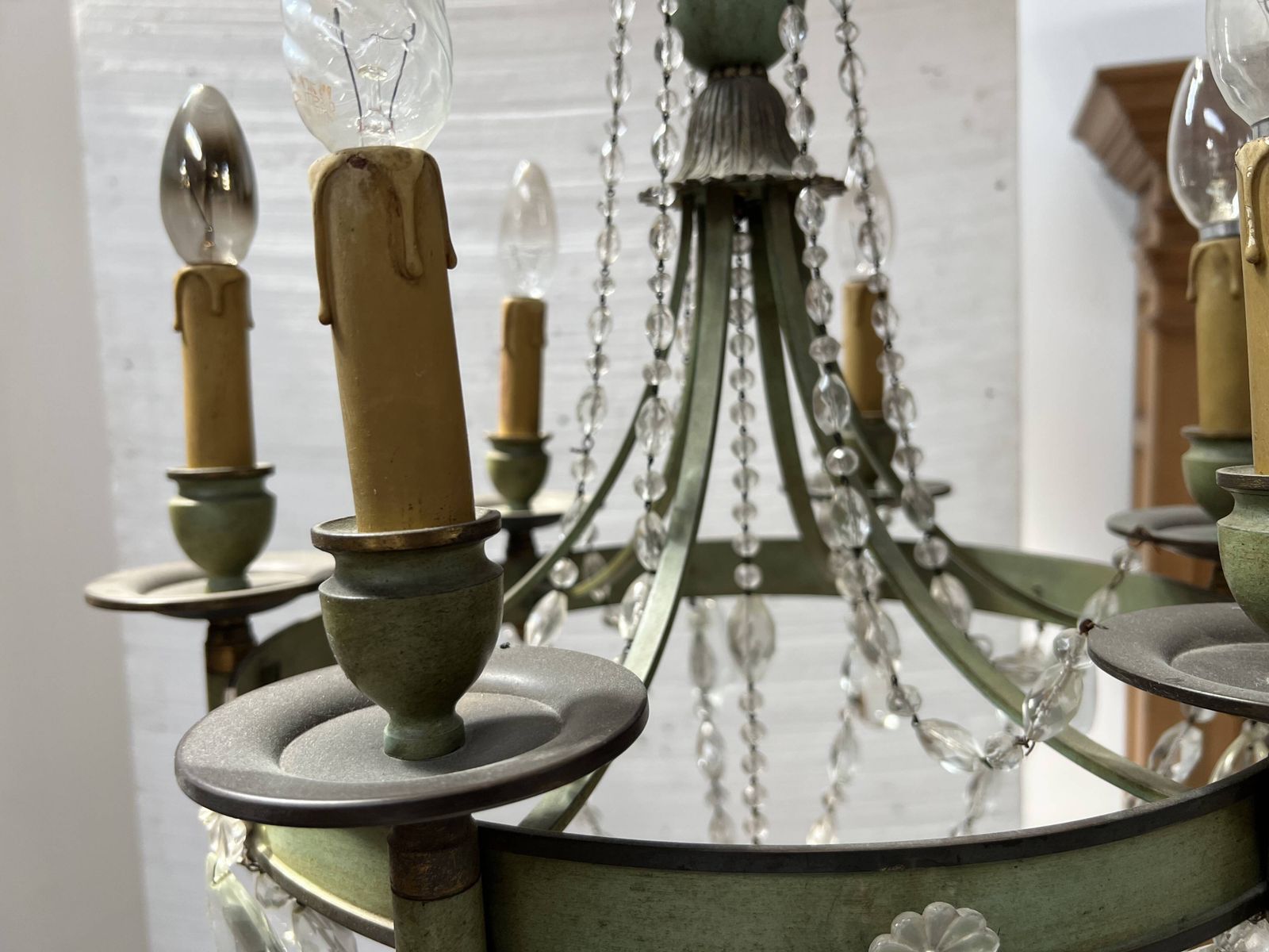 photo furniture Empire Style Chandelier With Tassels And Patinated Sheet Metal, 20th Century