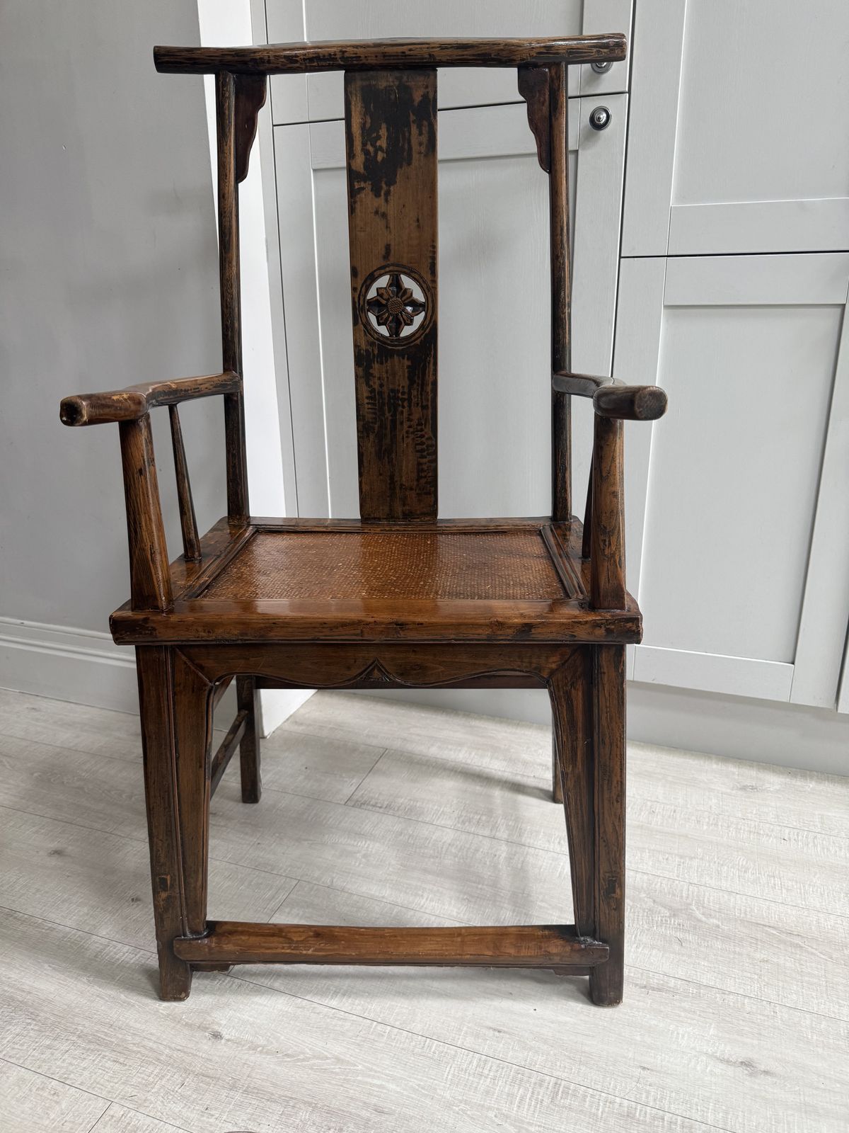 19th/20th Century Chinese Elm Chair With A Carved Pierced Splat And Caned Seat photo furniture