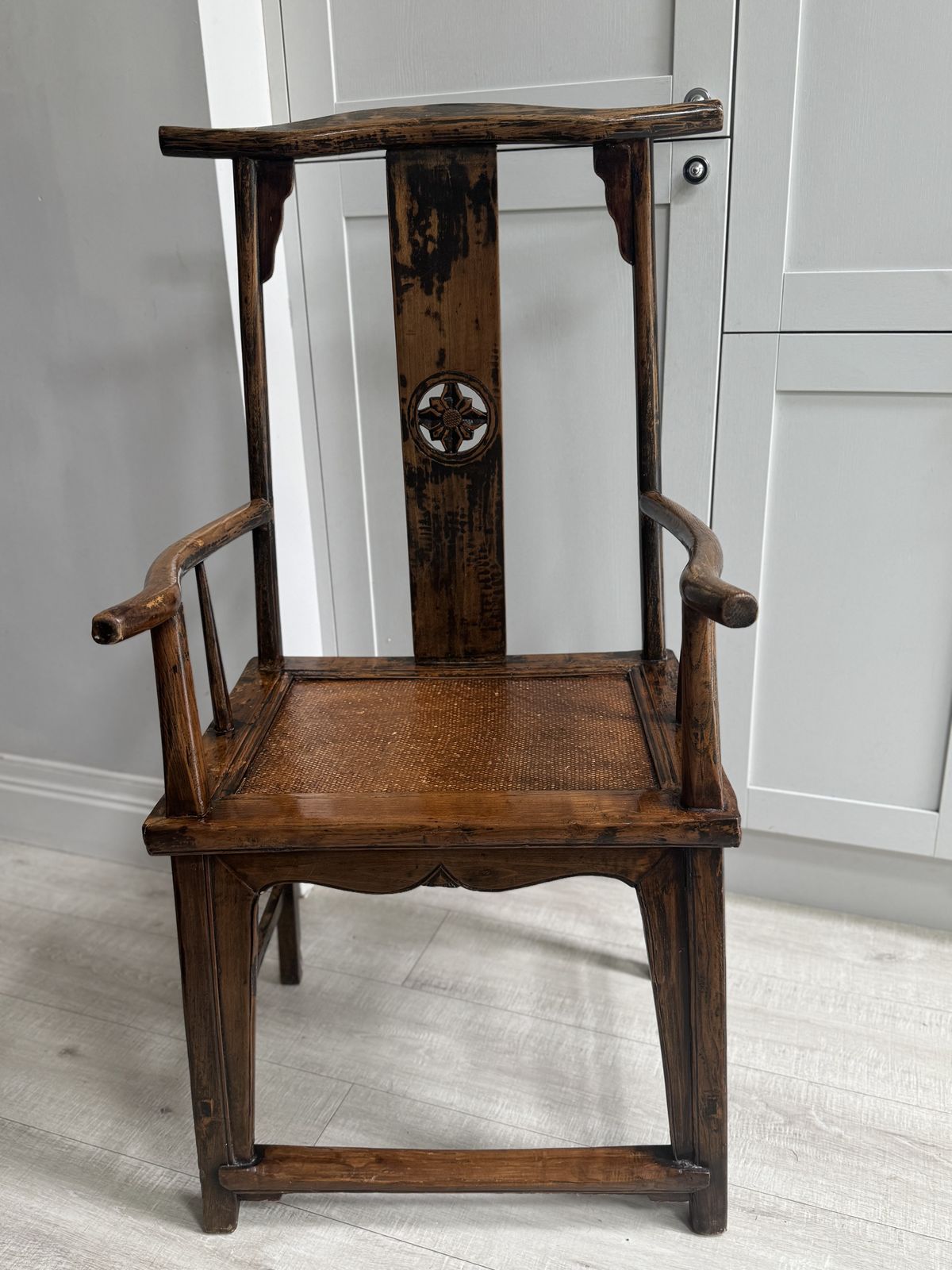 19th/20th Century Chinese Elm Chair With A Carved Pierced Splat And Caned Seat photo 475.0
