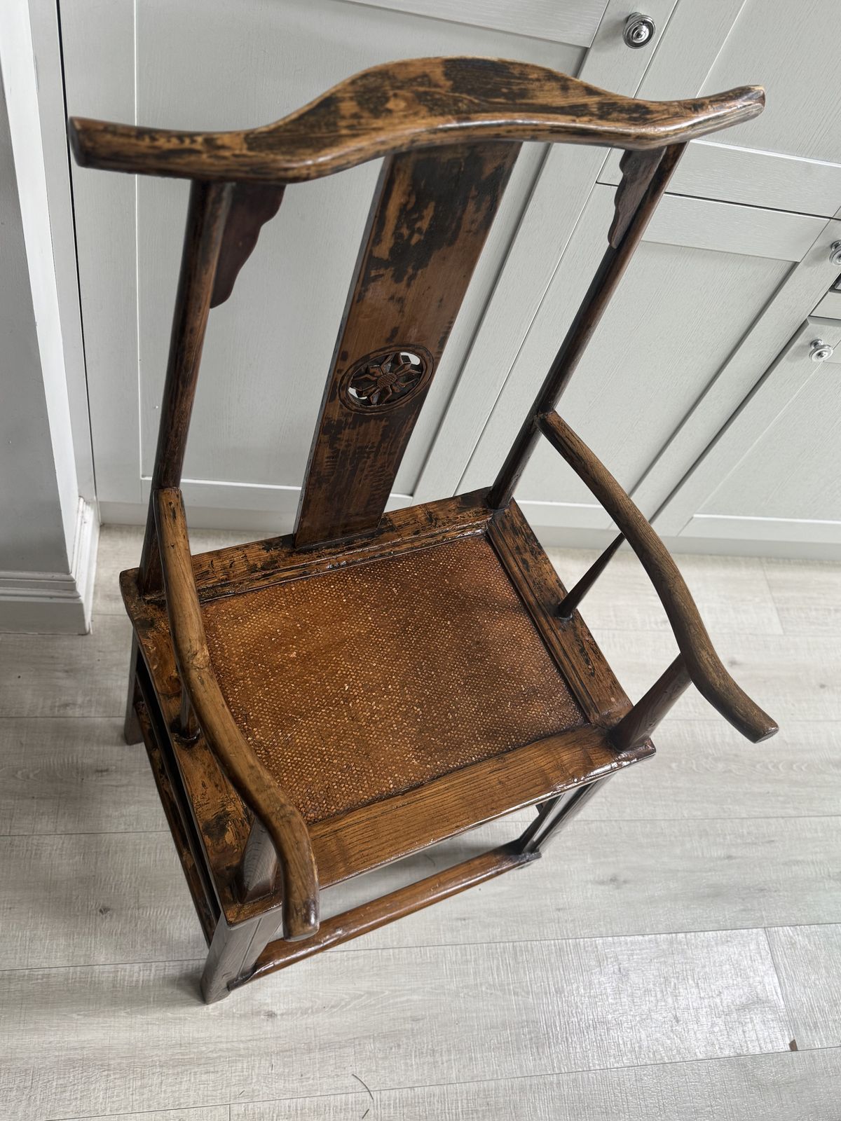 19th/20th Century Chinese Elm Chair With A Carved Pierced Splat And Caned Seat photo vinterior