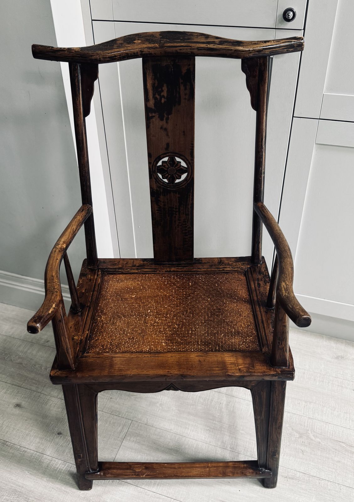 photo for sale 19th/20th Century Chinese Elm Chair With A Carved Pierced Splat And Caned Seat