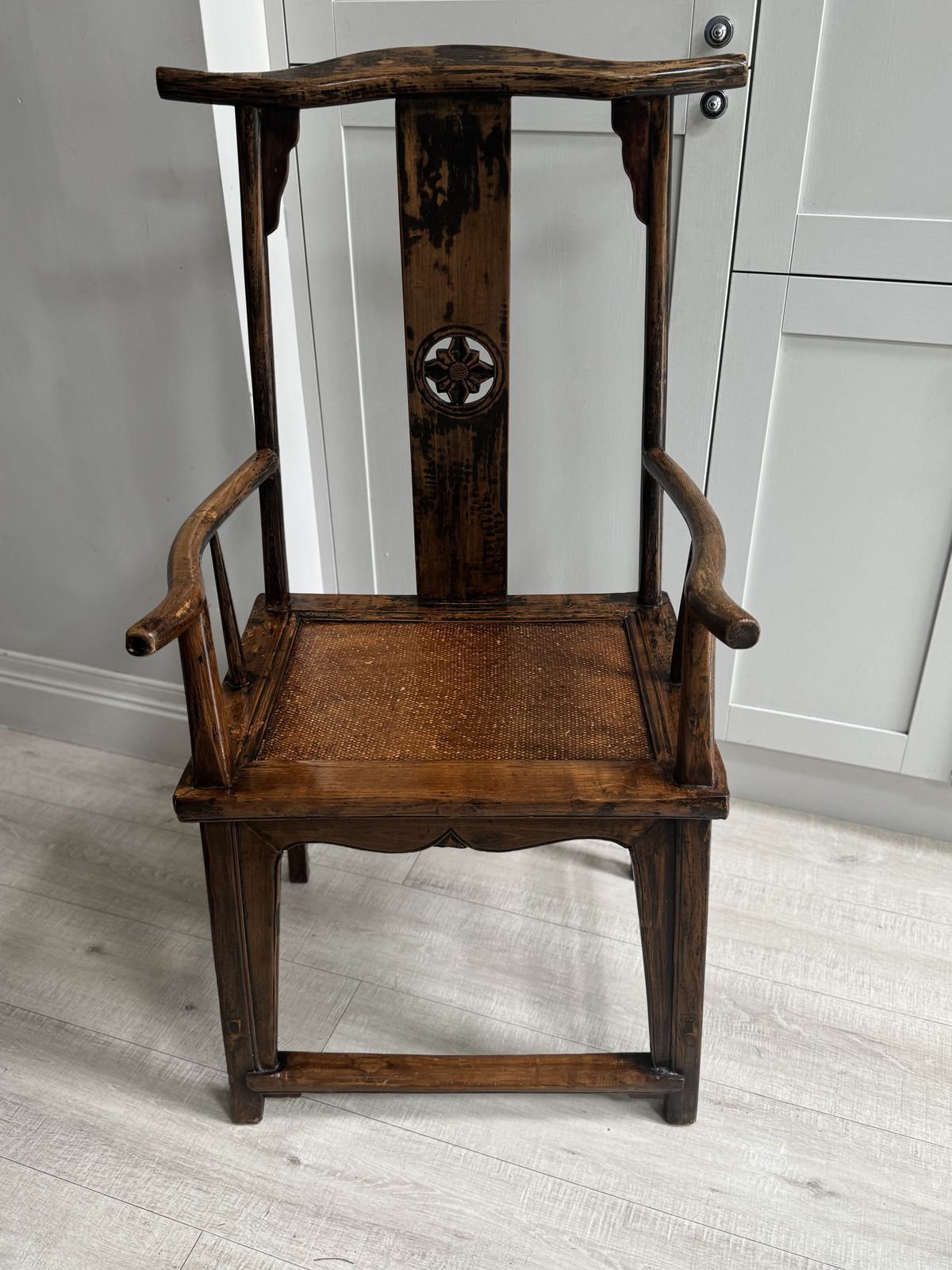 Furniture 19th/20th Century Chinese Elm Chair With A Carved Pierced Splat And Caned Seat photo