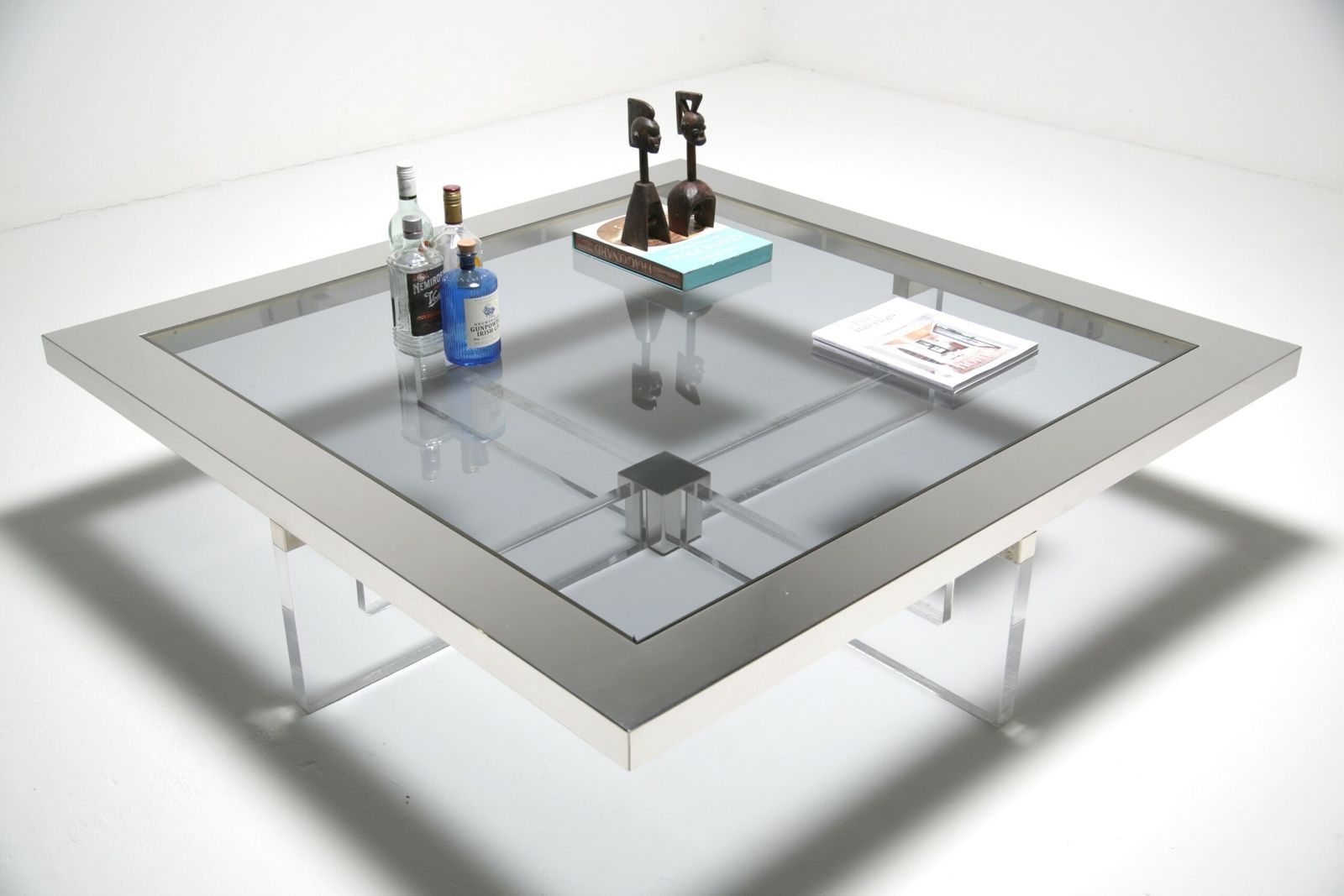 Mid Century Lucite Steel, Brass And Glass Italian Coffee Table By Sandro Petti For Angelo Metalarte, 1970s.