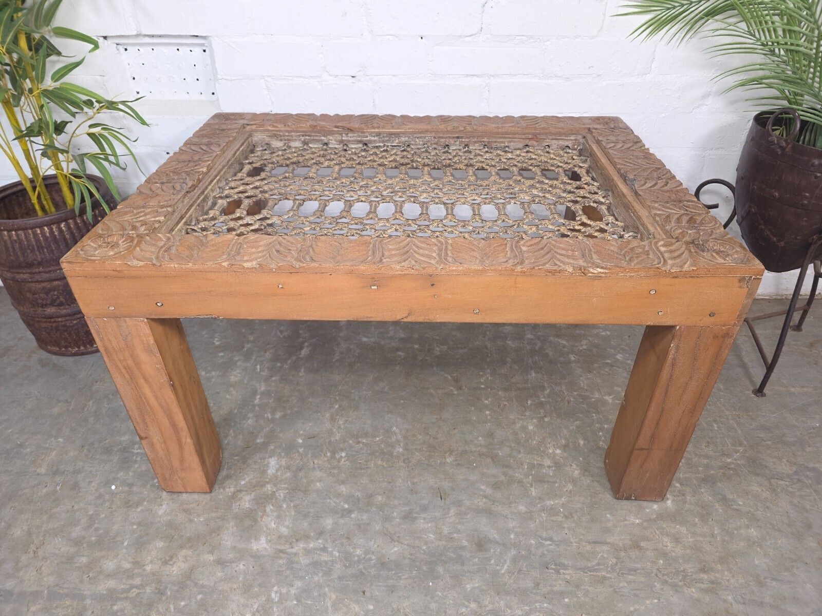 Vintage Reclaimed Indian Solid Wooden Iron Lattice Coffee Side Table Plant Stand photo buy