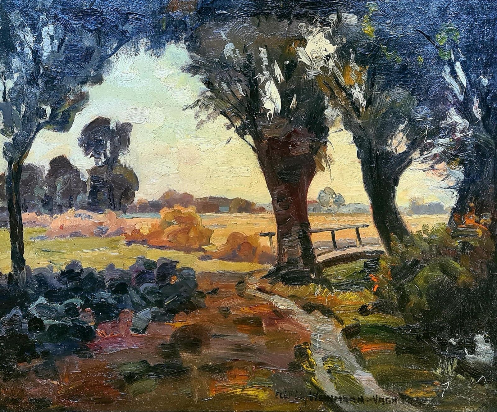 Mid Century Expressionist Landscape, Oil On Canvas. The Countryside By Elemer Vagh Weinmann photo furniture