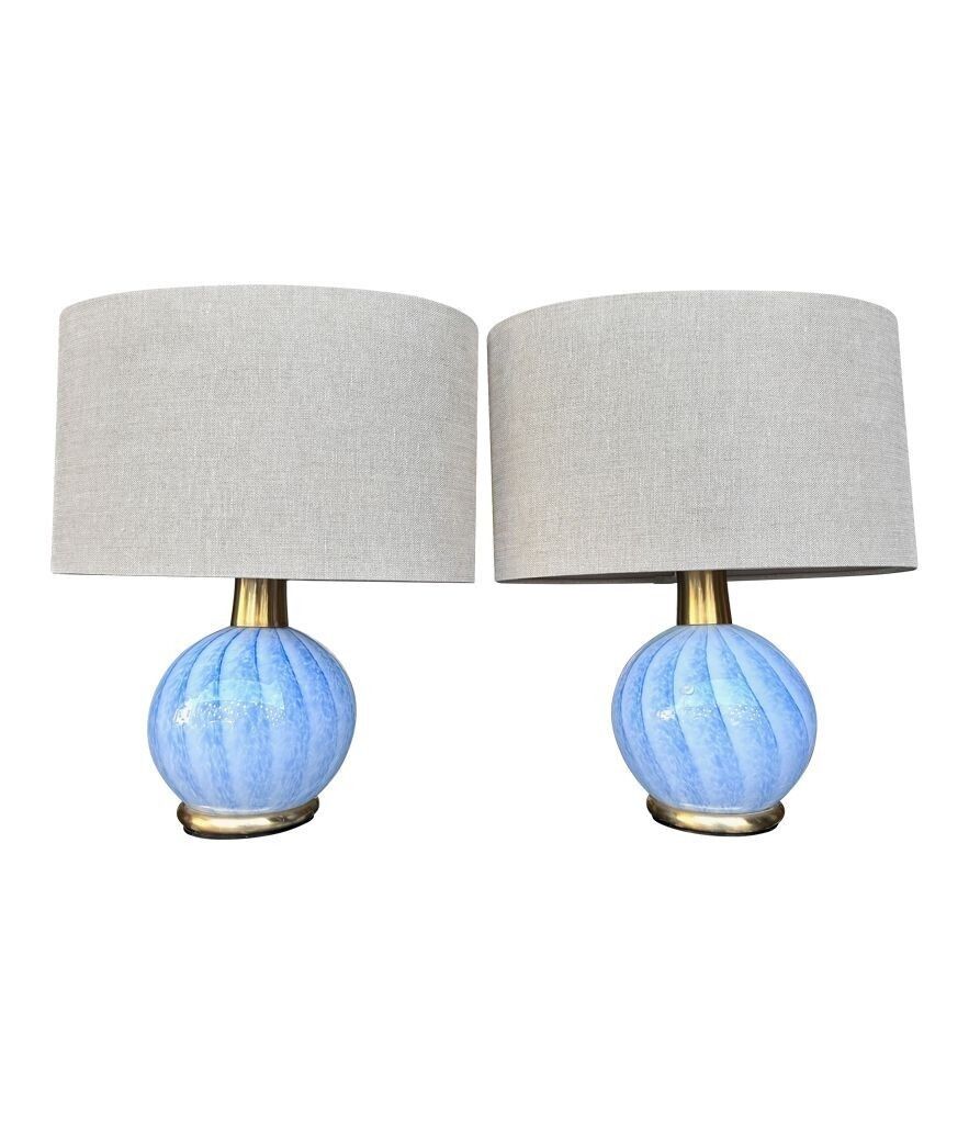 A Lovely Pair Of 1960s Blue Murano Glass And Brass Lamps By La Murrina