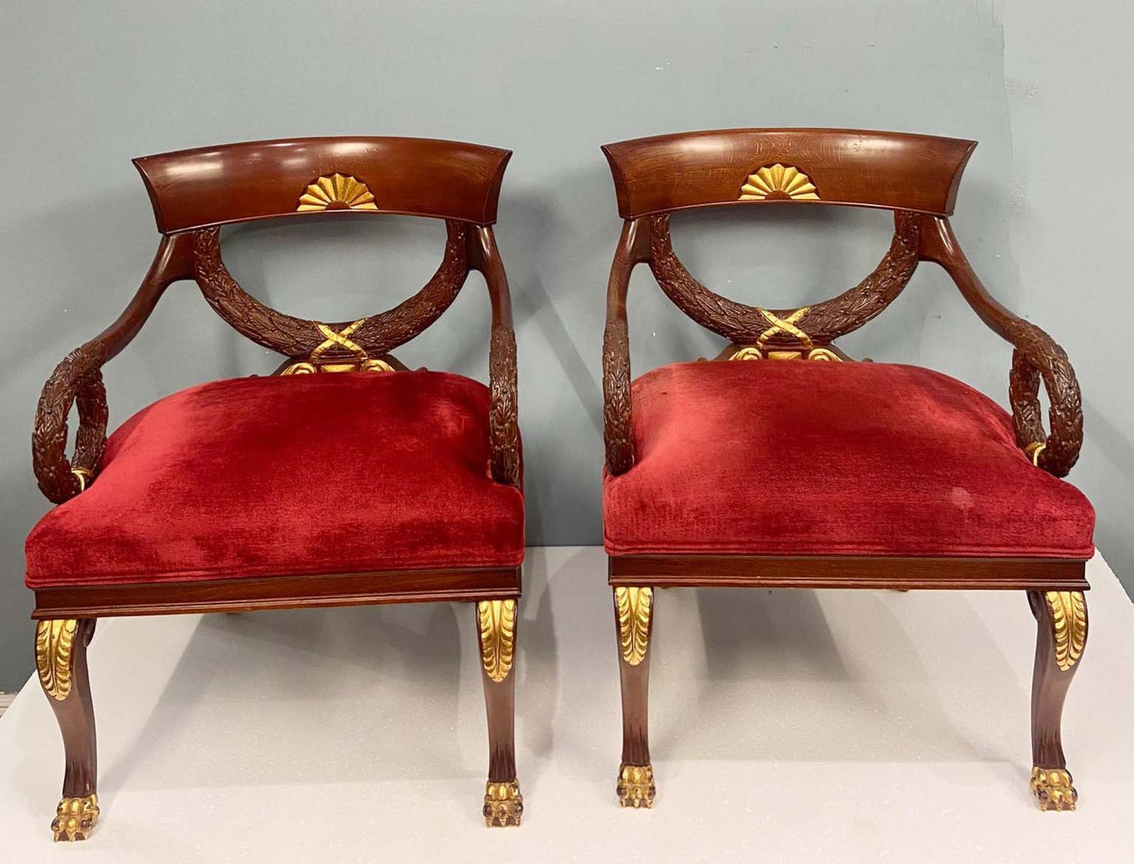 Pair Regency Arm Chairs Carved Mahogany Gilt Revival