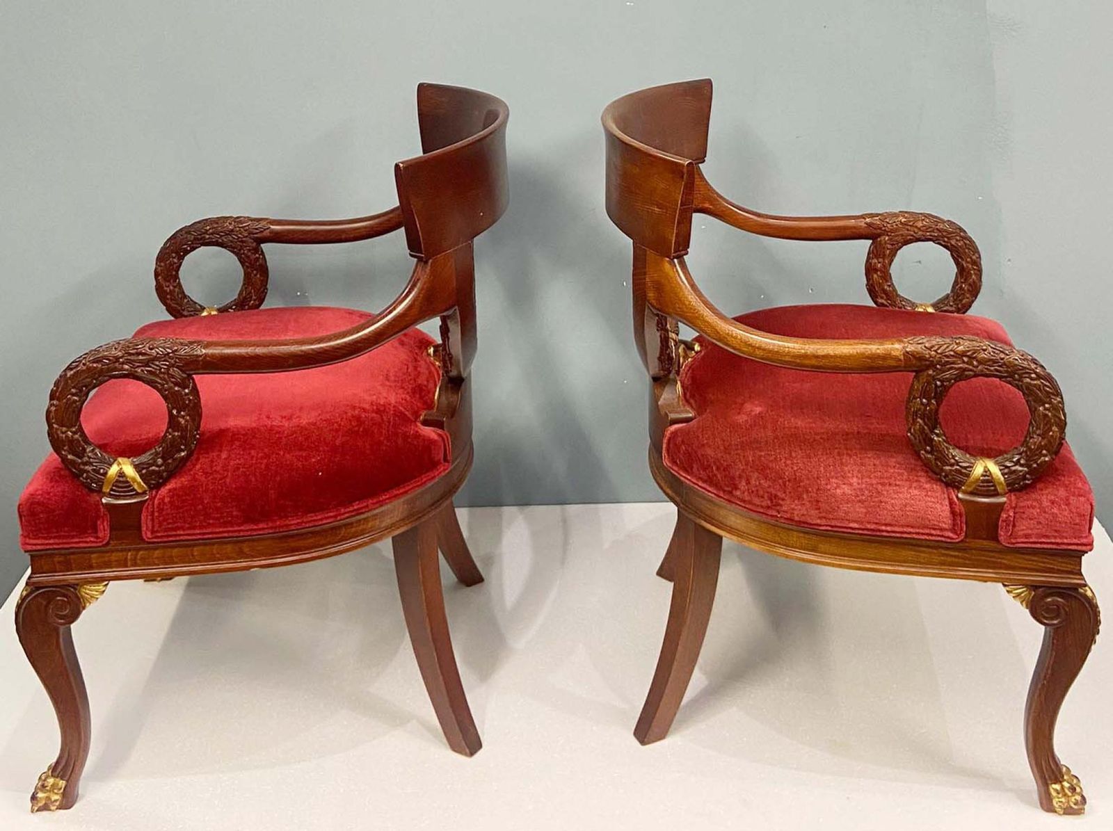 Furniture Pair Regency Arm Chairs Carved Mahogany Gilt Revival photo
