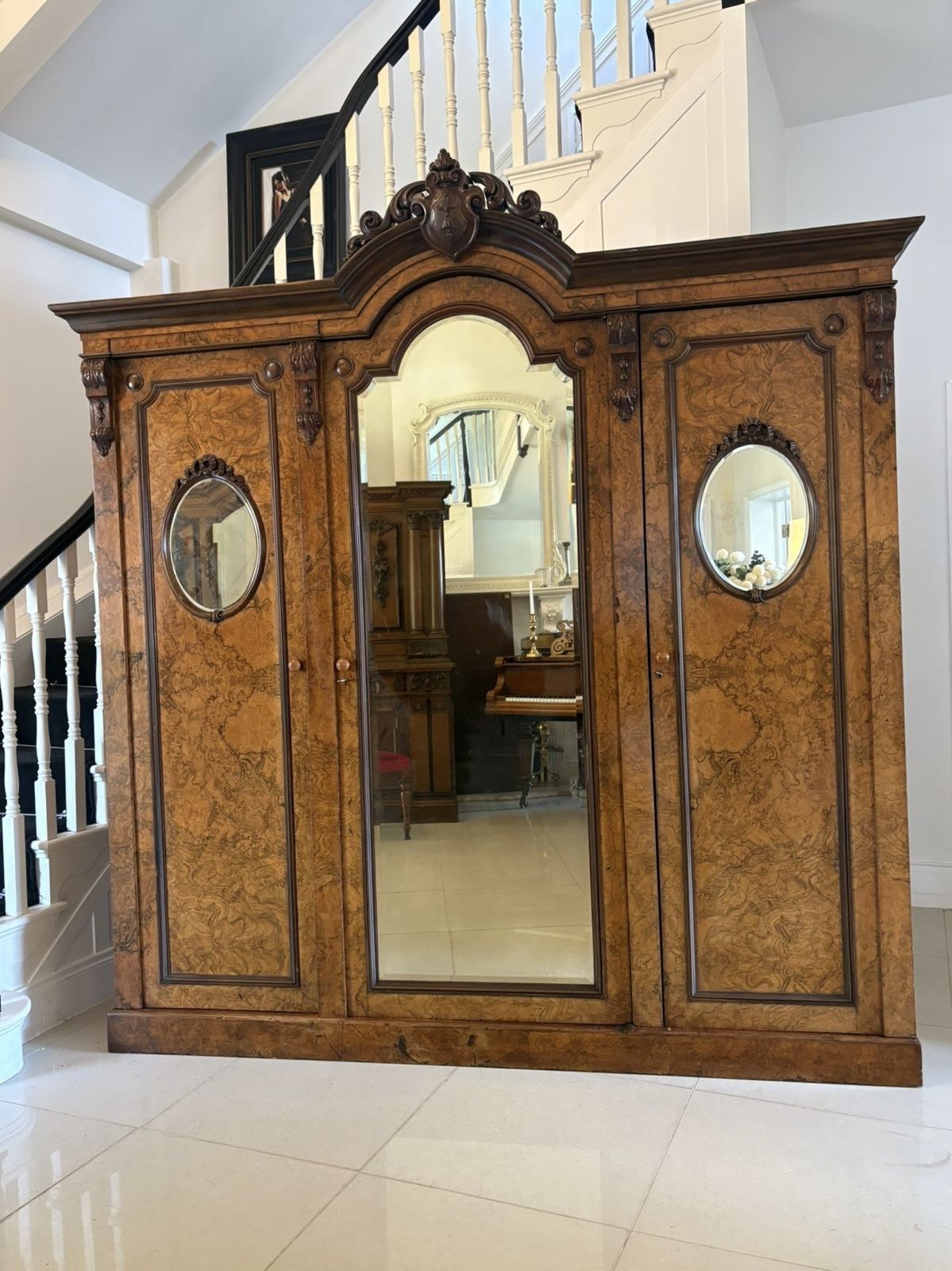 photo buy Outstanding Quality Large Antique 19th Century Unusual Carved Burr Walnut Wardrobe