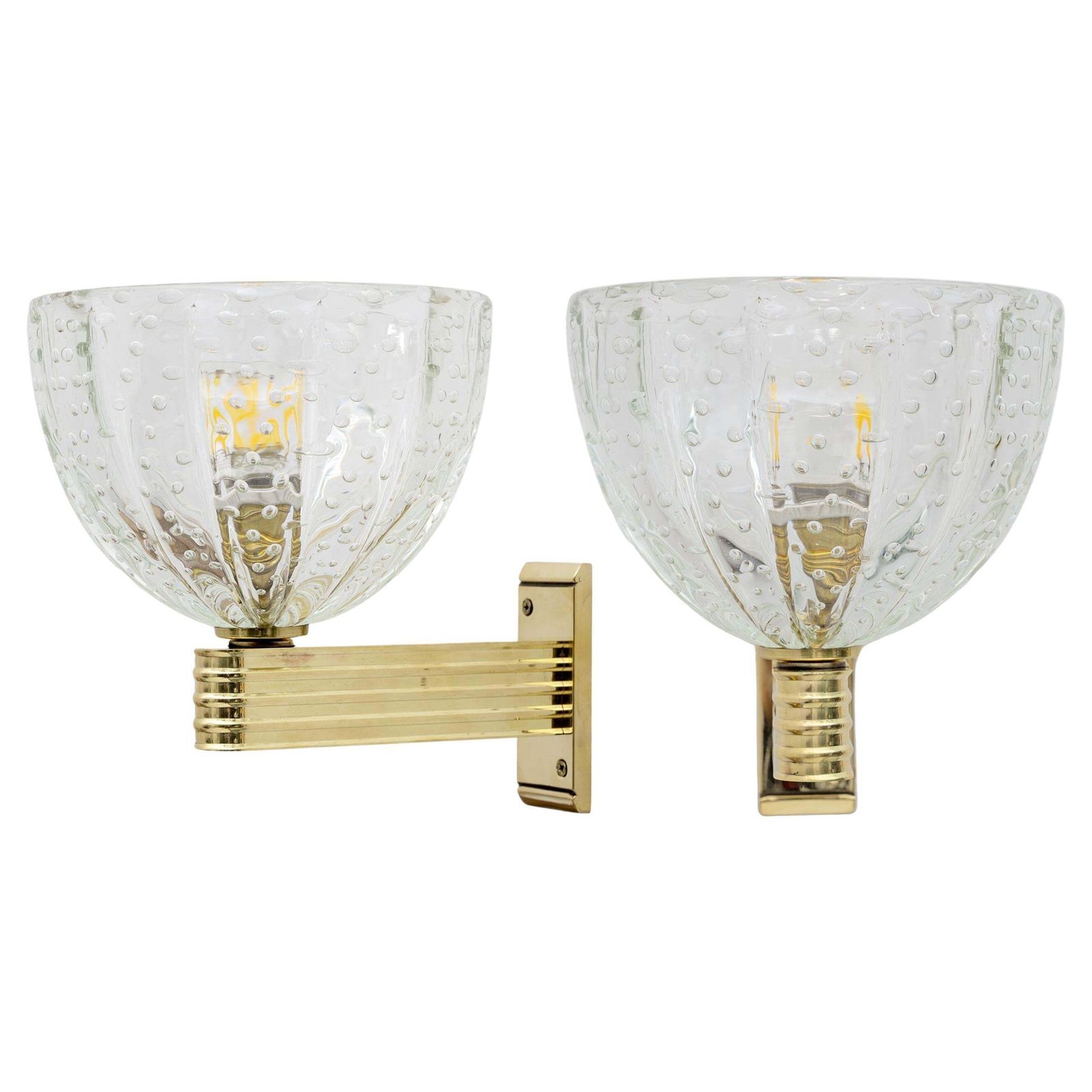 Attributed To Seguso Art Dèco Brass And "Pelugoso" Murano Glass Sconces, Pair