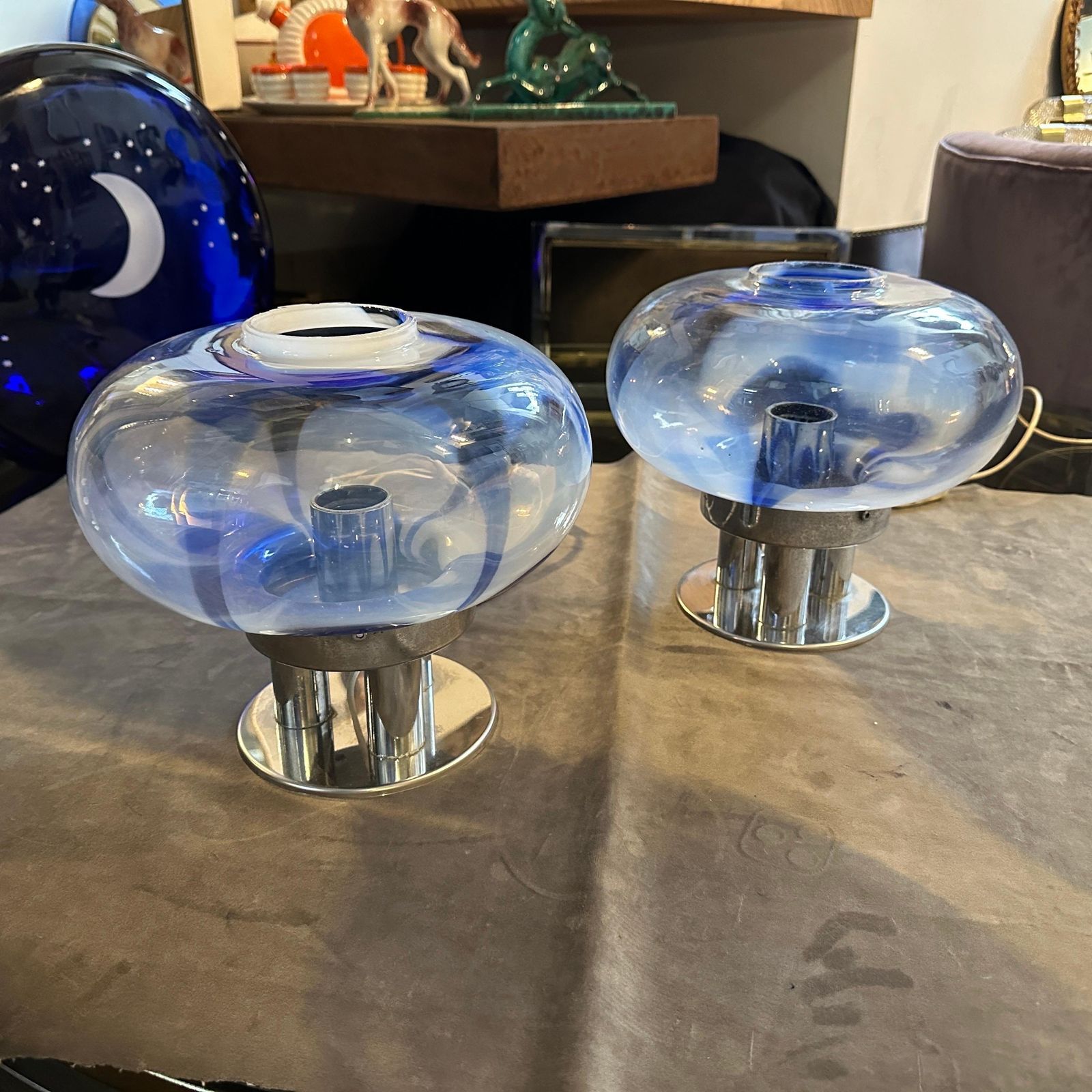 Two 1970s Space Age Murano Glass And Steel Table Lamps By Mazzega photo 1175.0