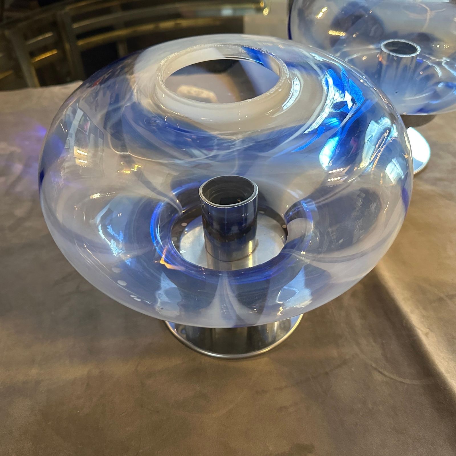 Two 1970s Space Age Murano Glass And Steel Table Lamps By Mazzega photo vinterior