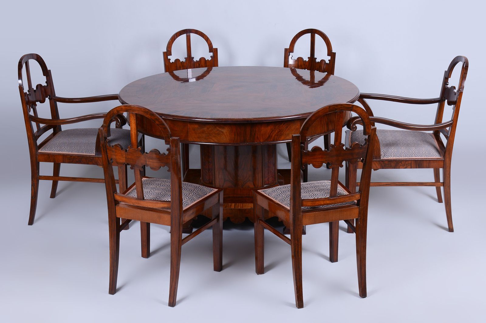 Restored Art Deco Dinig Set, Caucasian Walnut, Thuja, Polished, England, 1920s photo furniture
