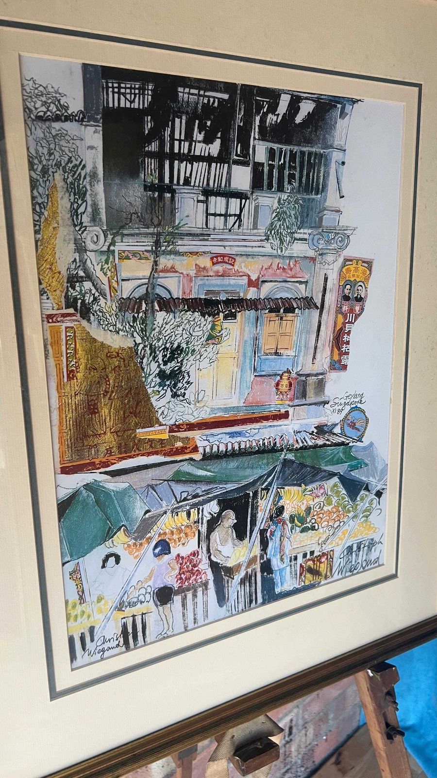 Large Framed Collage Style Fine Art Print Of Colourful Urban Street Market Scene – Glazed And Ready To Hang photo vinterior