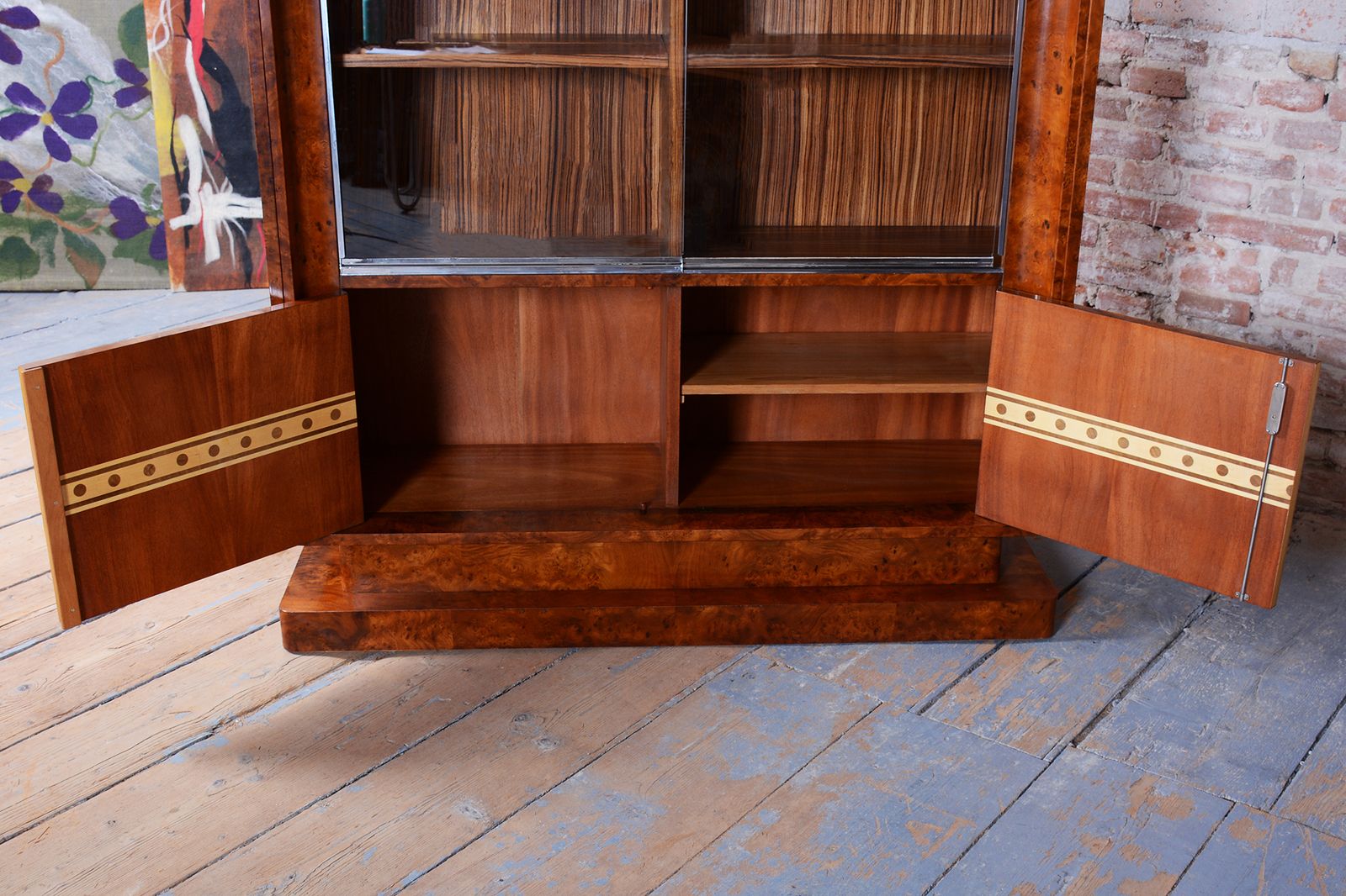 photo buy Restored Art Deco Bookcase, Elm, Mahogany, Zebrano, Polished, France, 1920s