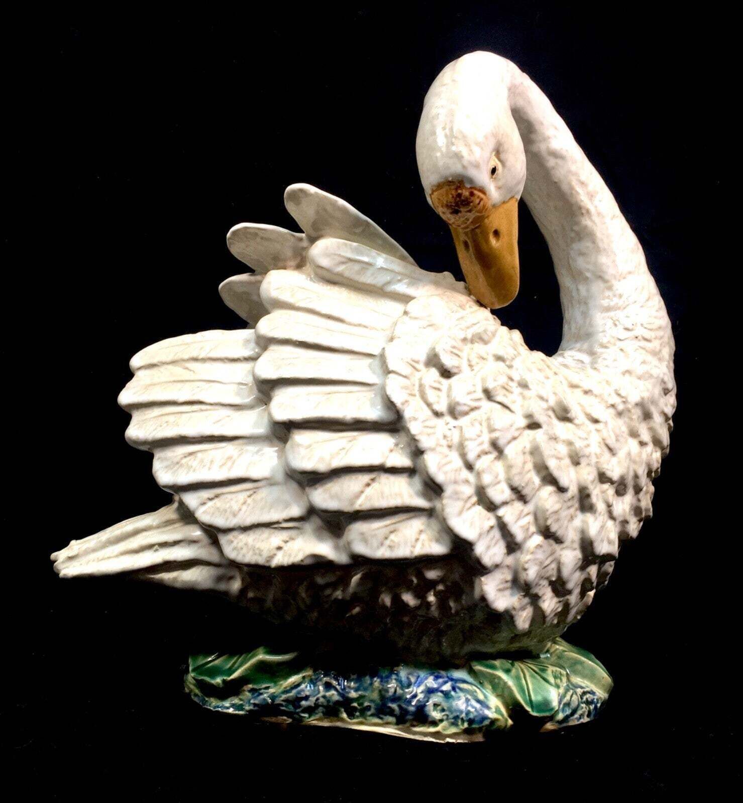 Antique 20th Century Large Sized Ceramic Swan Statue Figurine In Majolica Style
