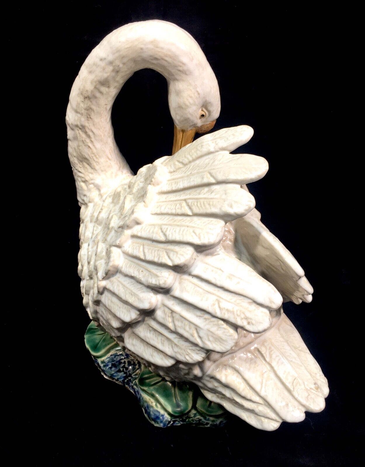 Antique 20th Century Large Sized Ceramic Swan Statue Figurine In Majolica Style photo 165.0