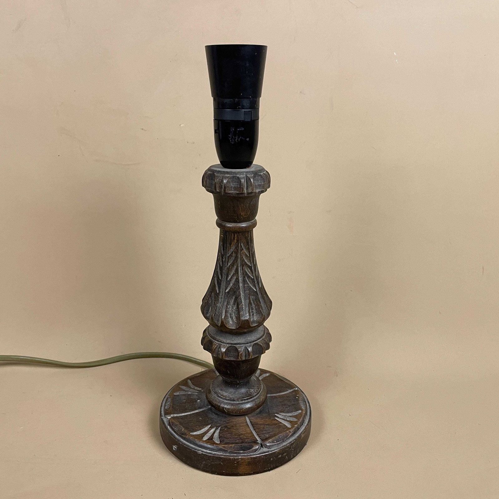 Vintage Hand Carved Wood Lamp Dark Brown Wooden Light Bedside Table Antique Edwardian Farmhouse Cottage Country Style photo furniture