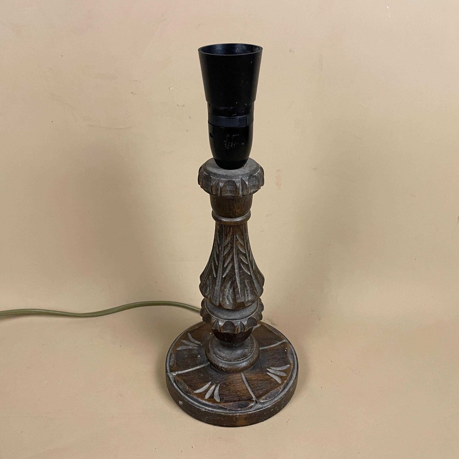 Vintage Hand Carved Wood Lamp Dark Brown Wooden Light Bedside Table Antique Edwardian Farmhouse Cottage Country Style photo for sale