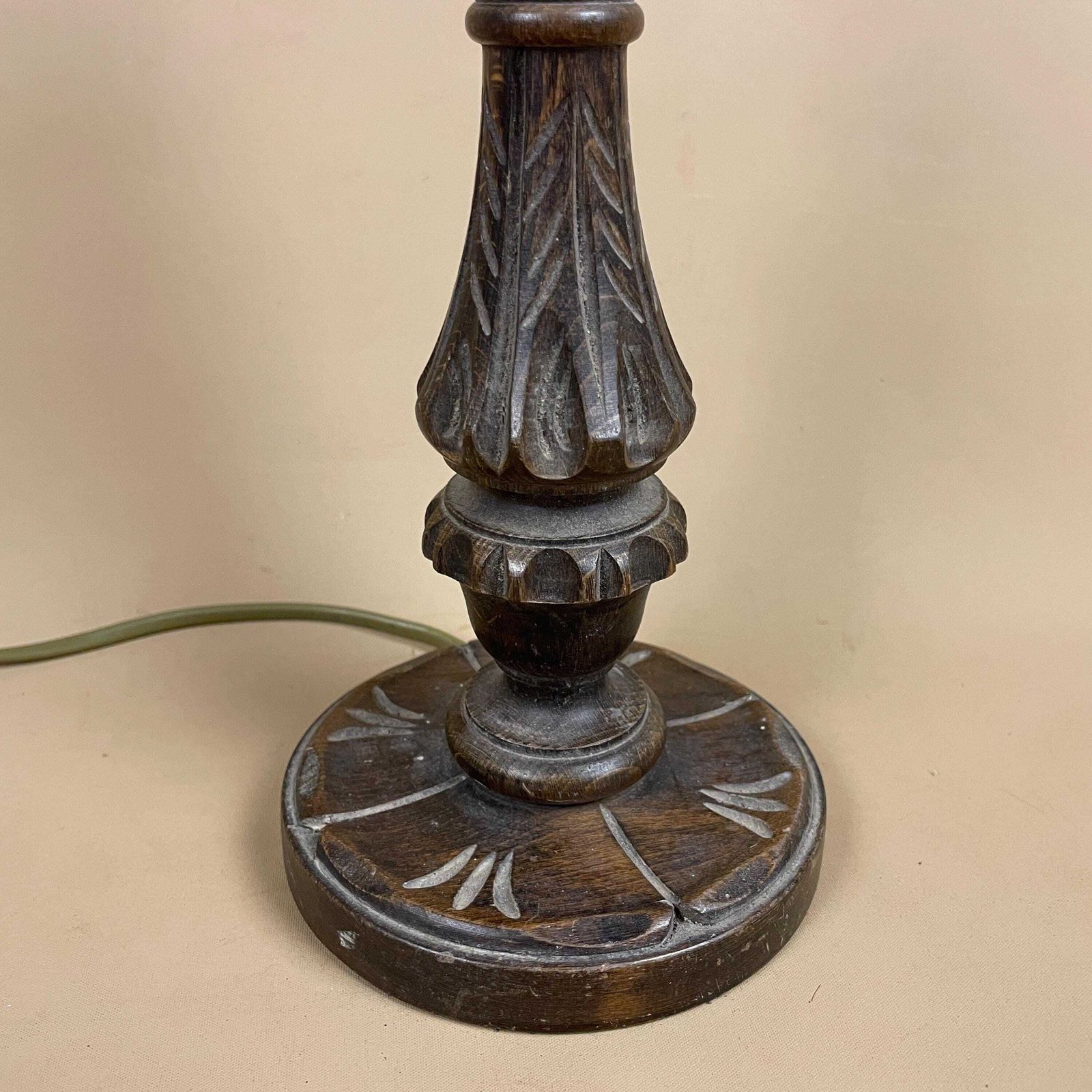 Vintage Hand Carved Wood Lamp Dark Brown Wooden Light Bedside Table Antique Edwardian Farmhouse Cottage Country Style photo Lighting