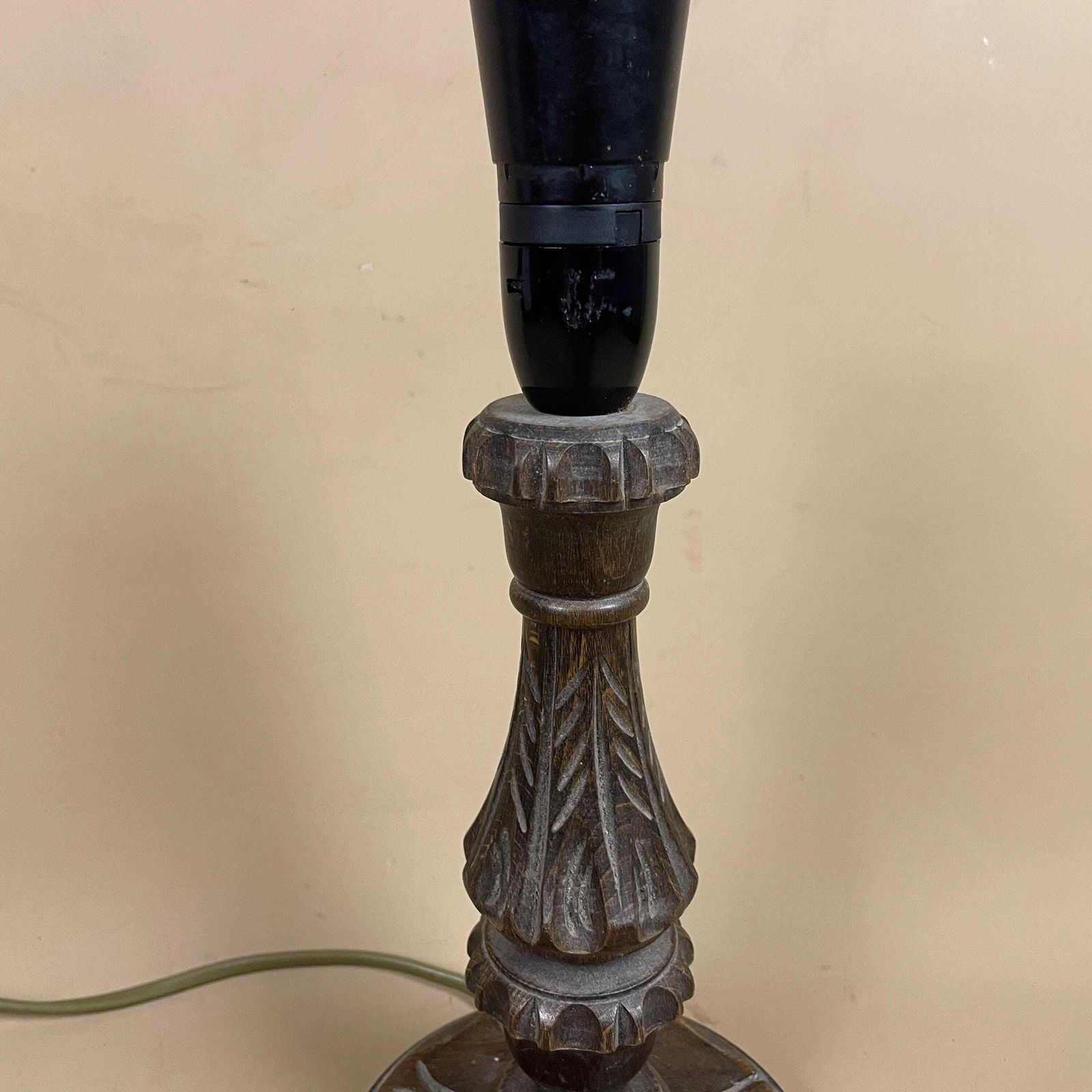 Vintage Hand Carved Wood Lamp Dark Brown Wooden Light Bedside Table Antique Edwardian Farmhouse Cottage Country Style photo 69.0