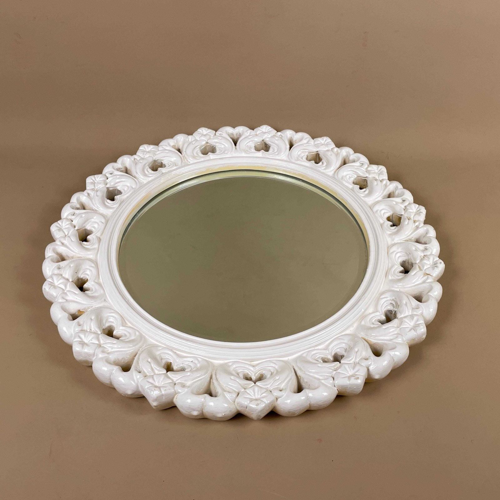 Vintage White Plaster Wall Mirror Medium Round Circle Ornate Detailed Frame Vanity Dressing Room Antique Bedroom Hallway