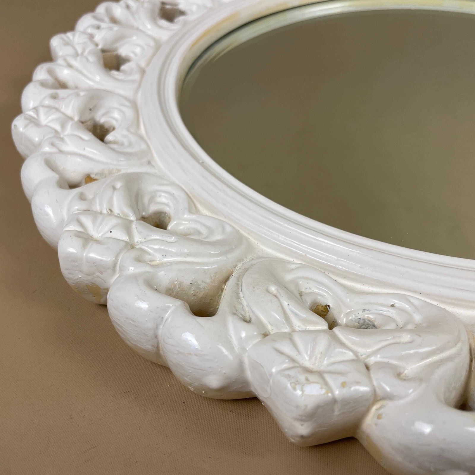 Vintage White Plaster Wall Mirror Medium Round Circle Ornate Detailed Frame Vanity Dressing Room Antique Bedroom Hallway photo 79.0