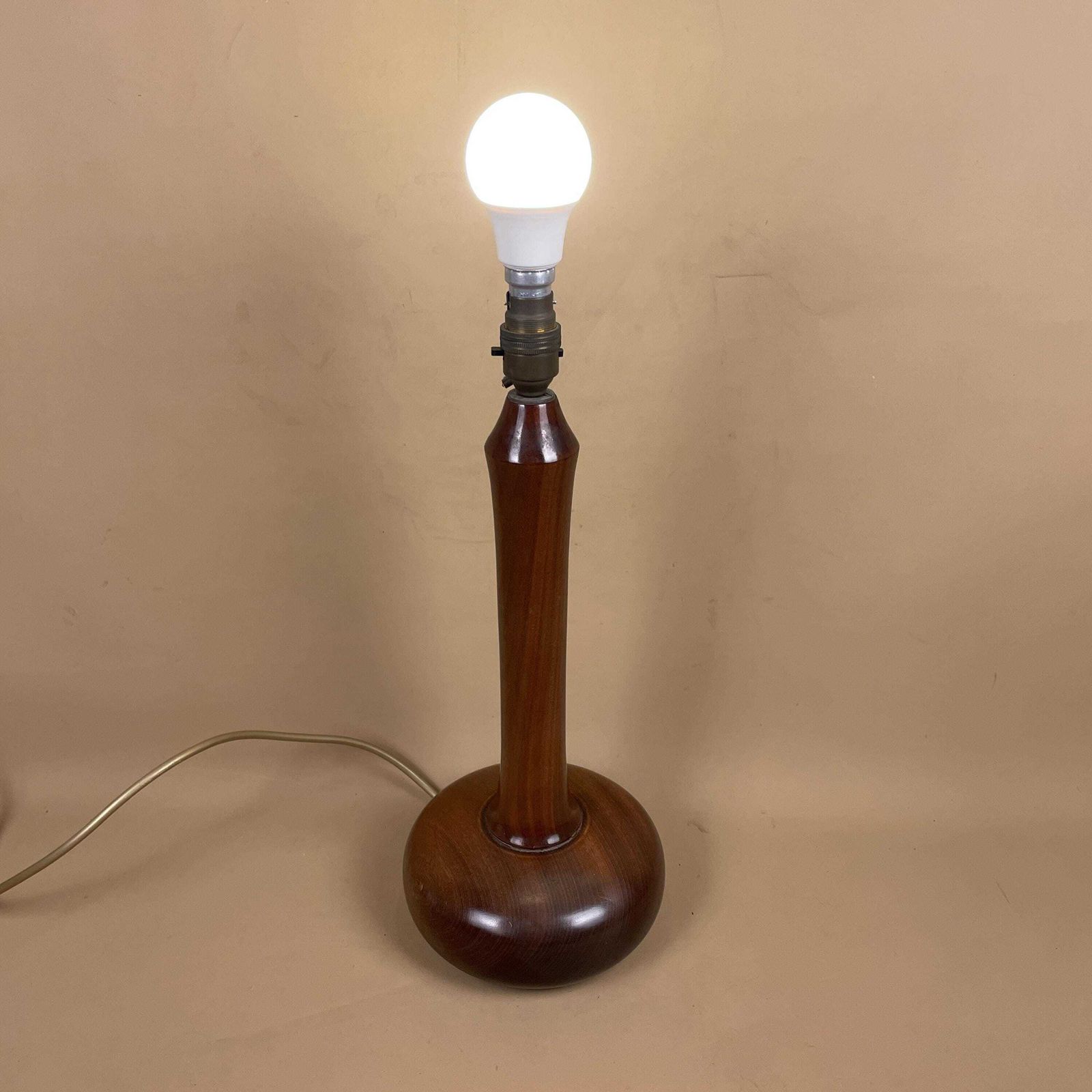 Vintage Wood Lamp Smooth Round Wooden Ball Base Bedside Table Antique Dark Brown Elegant Cottage Farmhouse Country Style Medium Tall Column photo vintage