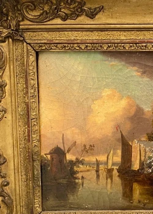 Oil On Canvas "Animate Landscape" Wooden Frame And Gilded Stucco 19th Century photo vinterior