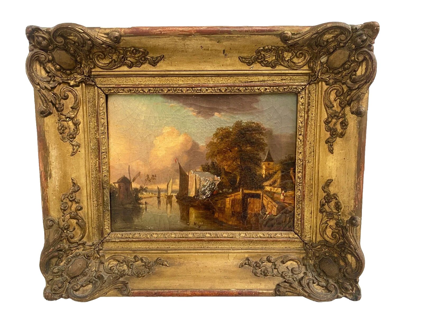 Oil On Canvas "Animate Landscape" Wooden Frame And Gilded Stucco 19th Century photo vintage