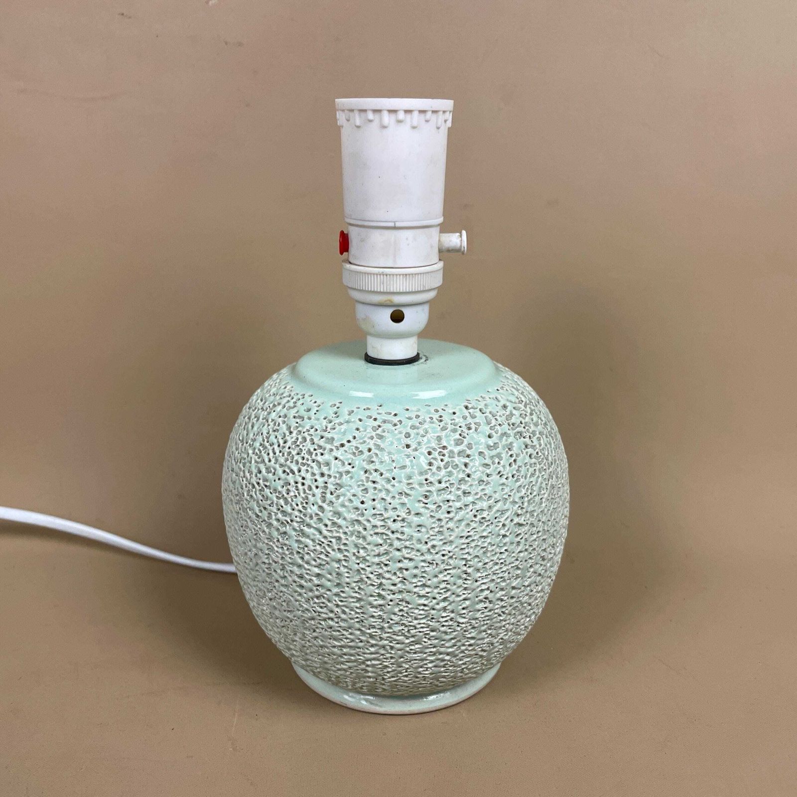 Vintage Ceramic Pale Green Lamp Lamps Bedside Table Light Vase Antique Cottage Pottery Cottage Round Ball Textured Small photo furniture