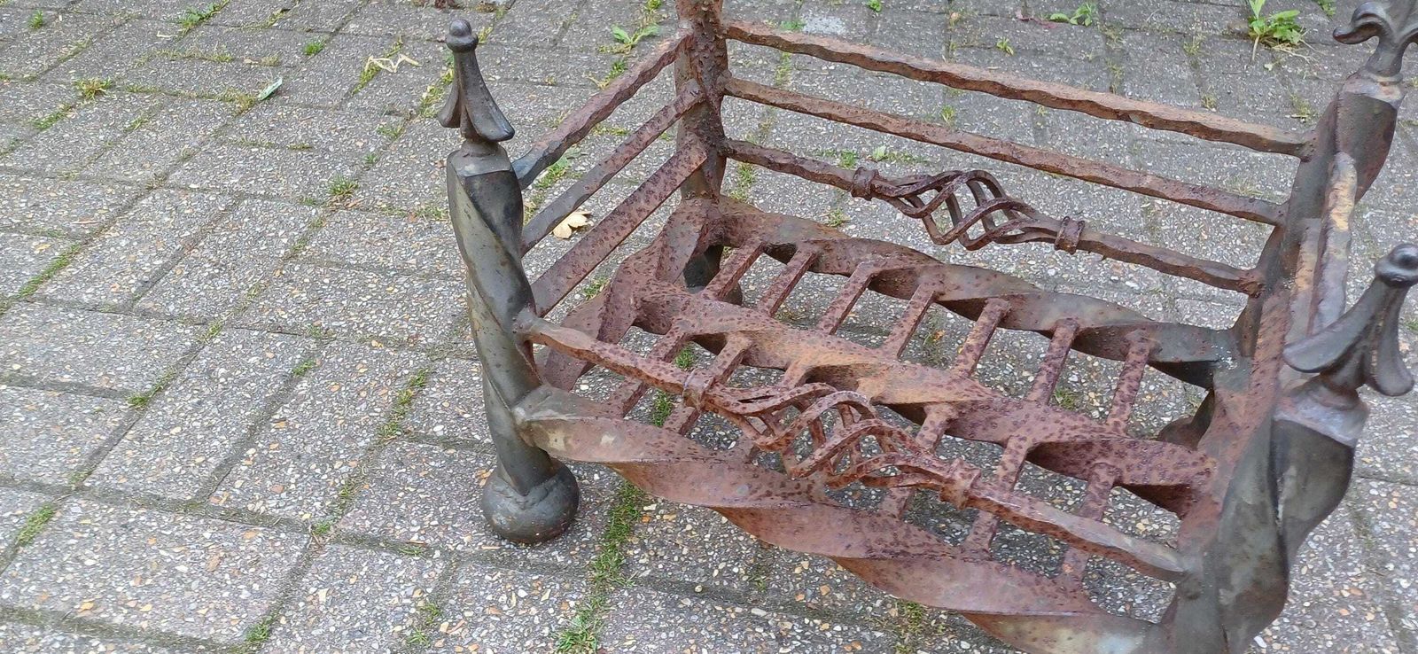 Antique Wrought Iron Fire Grate Gothic Fireplace Heavy Twisted Scrollwork Log Basket Salvage Hearth Piece With Patina Free Hand Delivery photo furniture