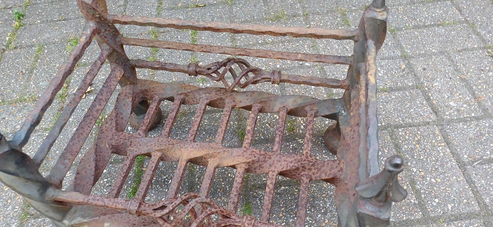 Antique Wrought Iron Fire Grate Gothic Fireplace Heavy Twisted Scrollwork Log Basket Salvage Hearth Piece With Patina Free Hand Delivery photo Home Decor
