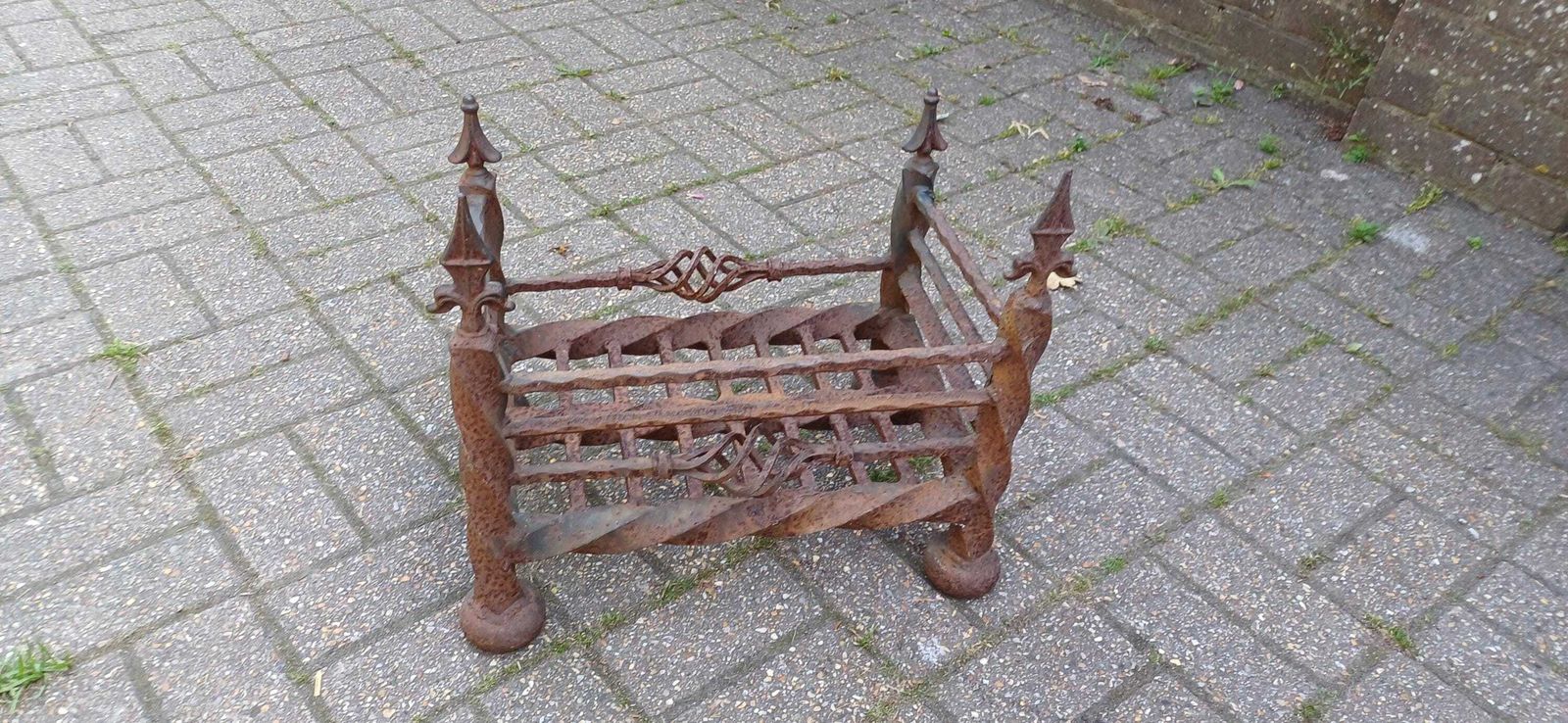 Antique Wrought Iron Fire Grate Gothic Fireplace Heavy Twisted Scrollwork Log Basket Salvage Hearth Piece With Patina Free Hand Delivery photo vintage