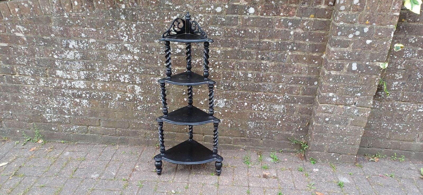 Antique Black Lacquered Effect Corner étagère With Barley Twist Legs 4 Tier Victorian Gothic Display Shelf Unit | Ornate Carved Top Wot Not