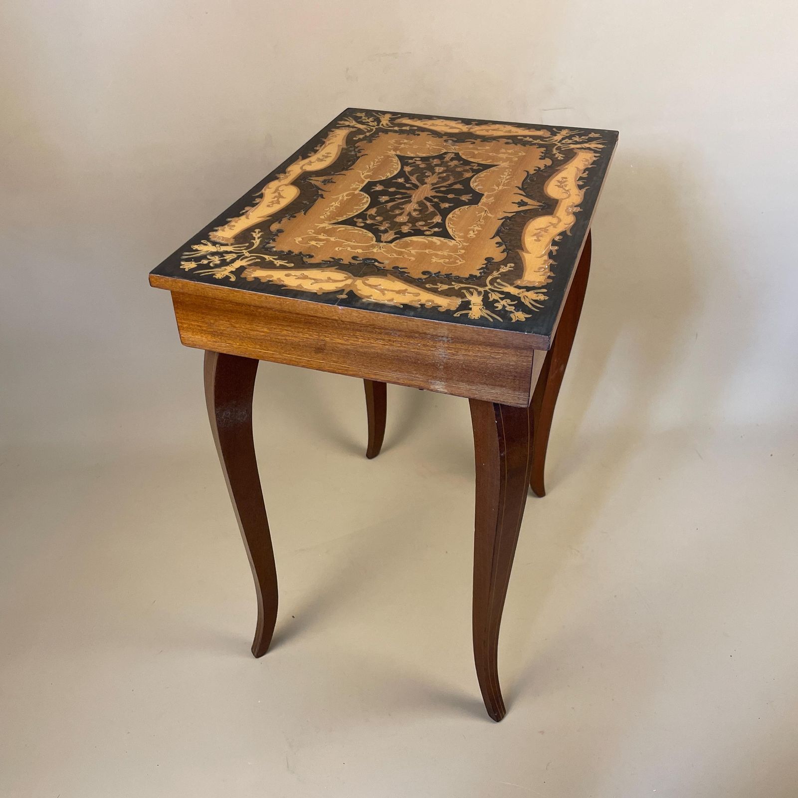 Antique Wooden Table Vintage Wood Side Musical Swiss Marquetry Patterned Reuge Side Coffee Console Hallway Plant Stand Rectangle Varnished photo furniture